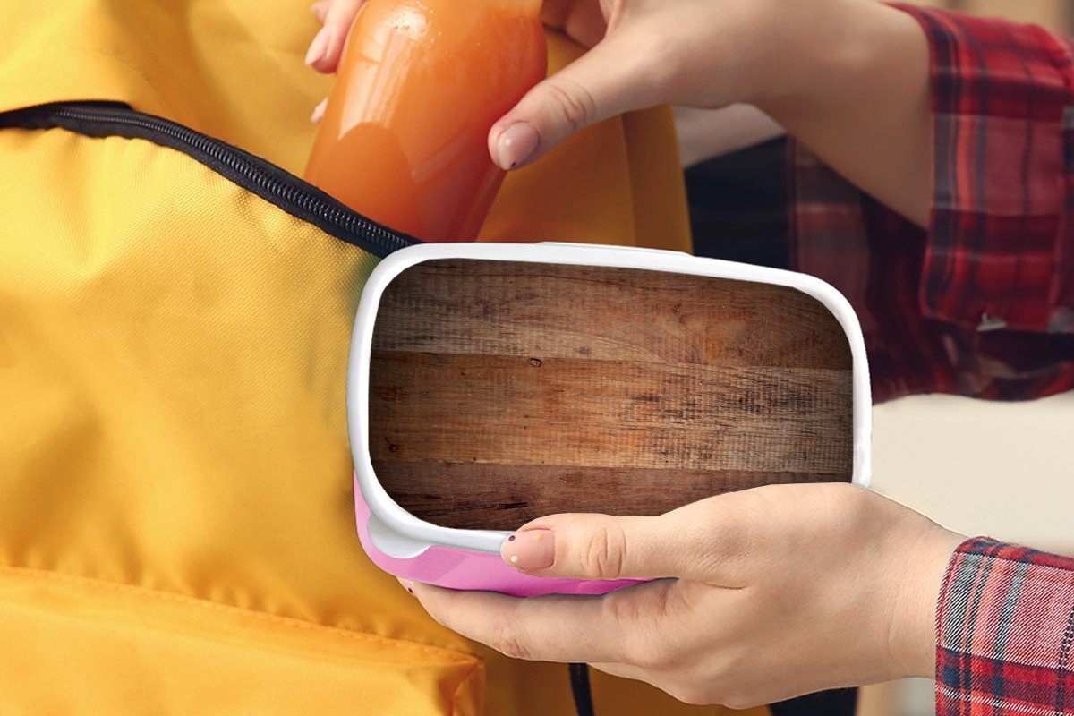 MuchoWow Lunchbox Holzbretter als Hintergrund, Brotdose Brotbox Kunststoff (2-tlg), rosa für Erwachsene, Kunststoff, Kinder, Mädchen, Snackbox