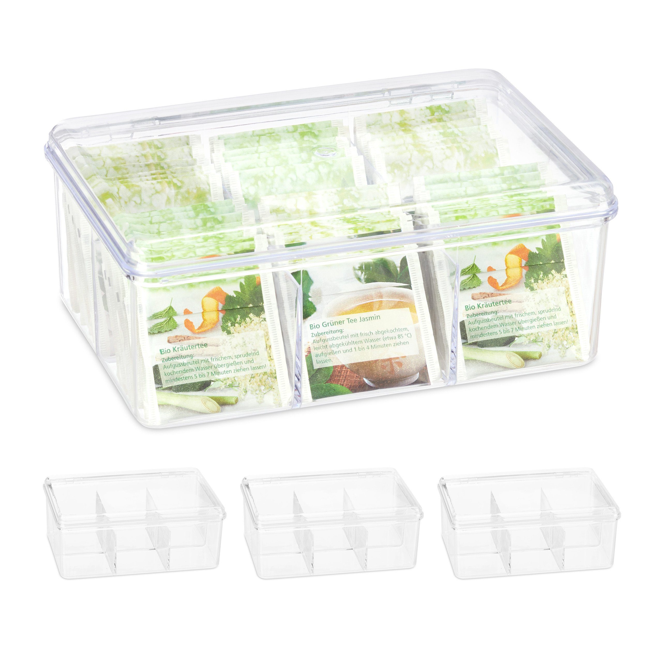relaxdays Teebox 4 x Teebox transparent mit 6 Fächern, Kunststoff