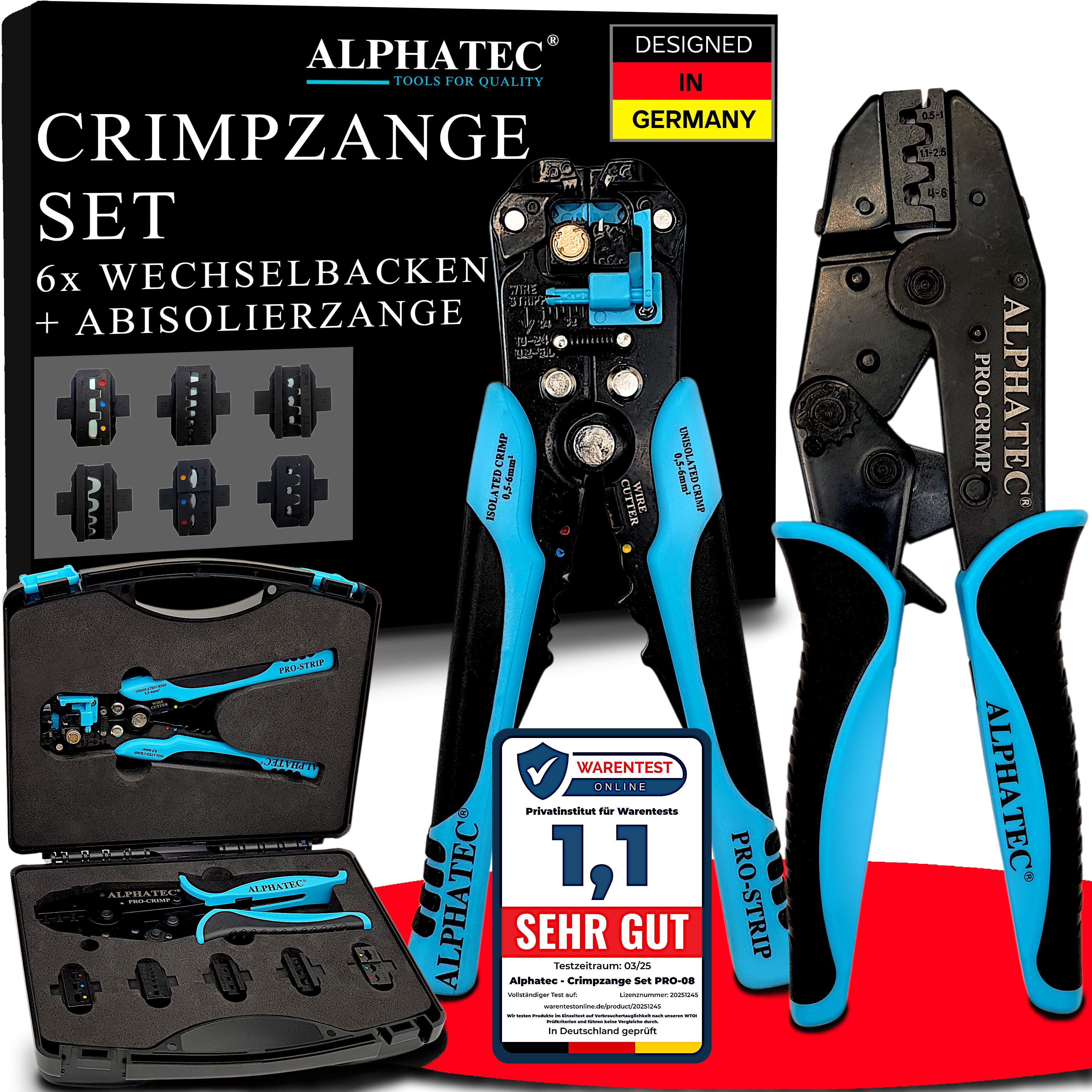 ALPHATEC® Crimpzange Crimpzangen Set mit Wechselbacken inkl. Abisolierzange 0,25-10mm² 8tlg, Kabelschuhe, Aderendhülsen, Flachstecker, Quetschverbinder, MC4, Solar