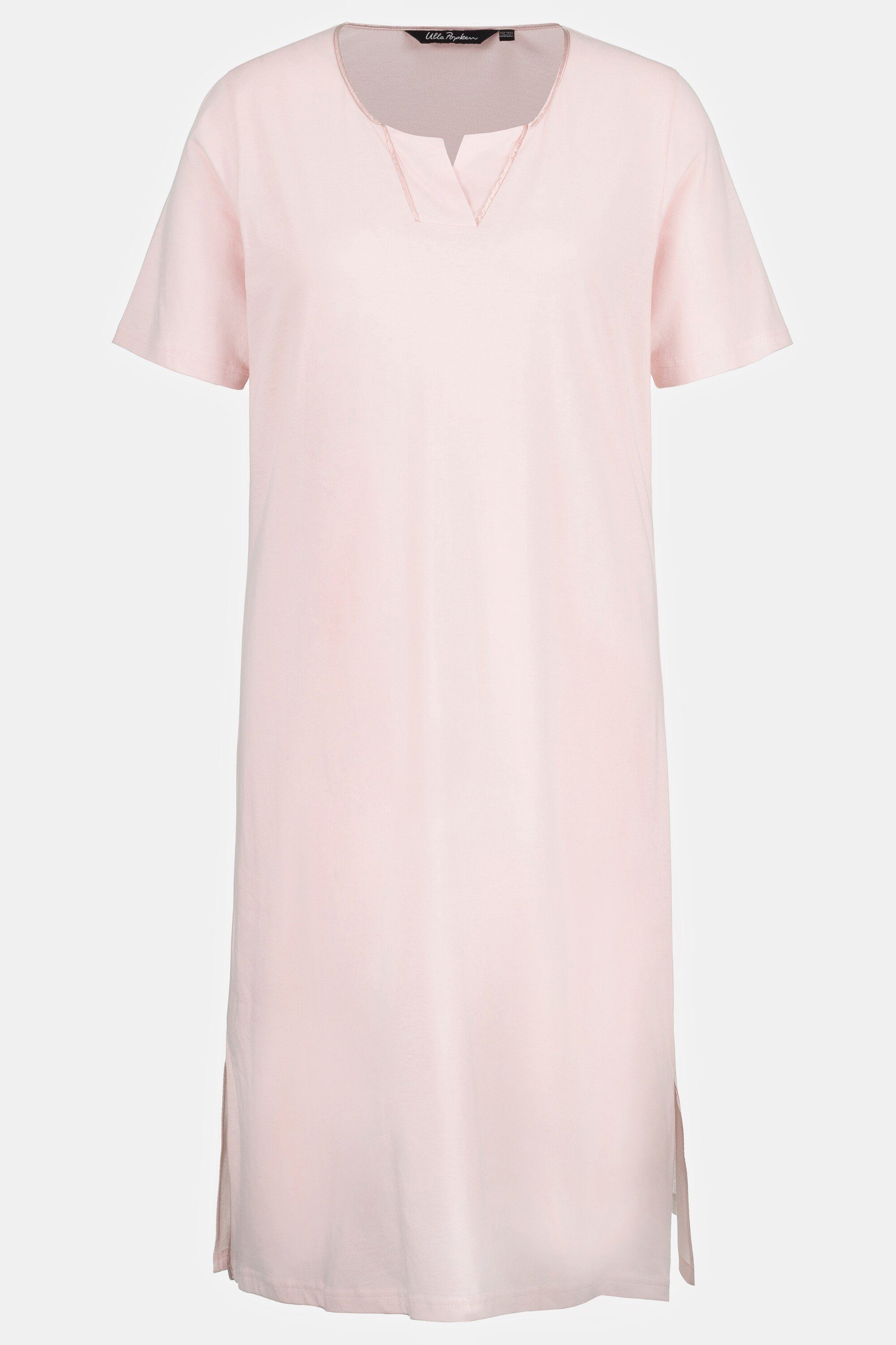 Ulla Popken Tunika-Ausschnitt Halbarm Nachthemd Satinpaspel rosa blasses Nachthemd