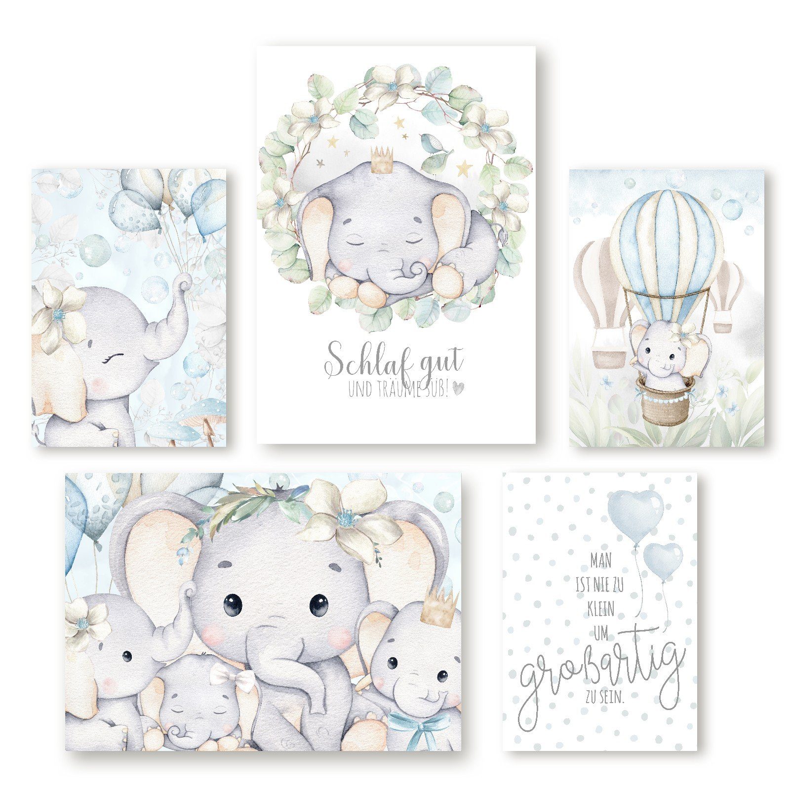 homestyle-accessoires Плакат Kinderzimmer Изображения Изображенияset SCHLAF GUT UND TRÄUME SÜSS - ELEFANTEN, (5 St), - Ohne Изображенияrahmen - sorgfältige & sichere Verpackung