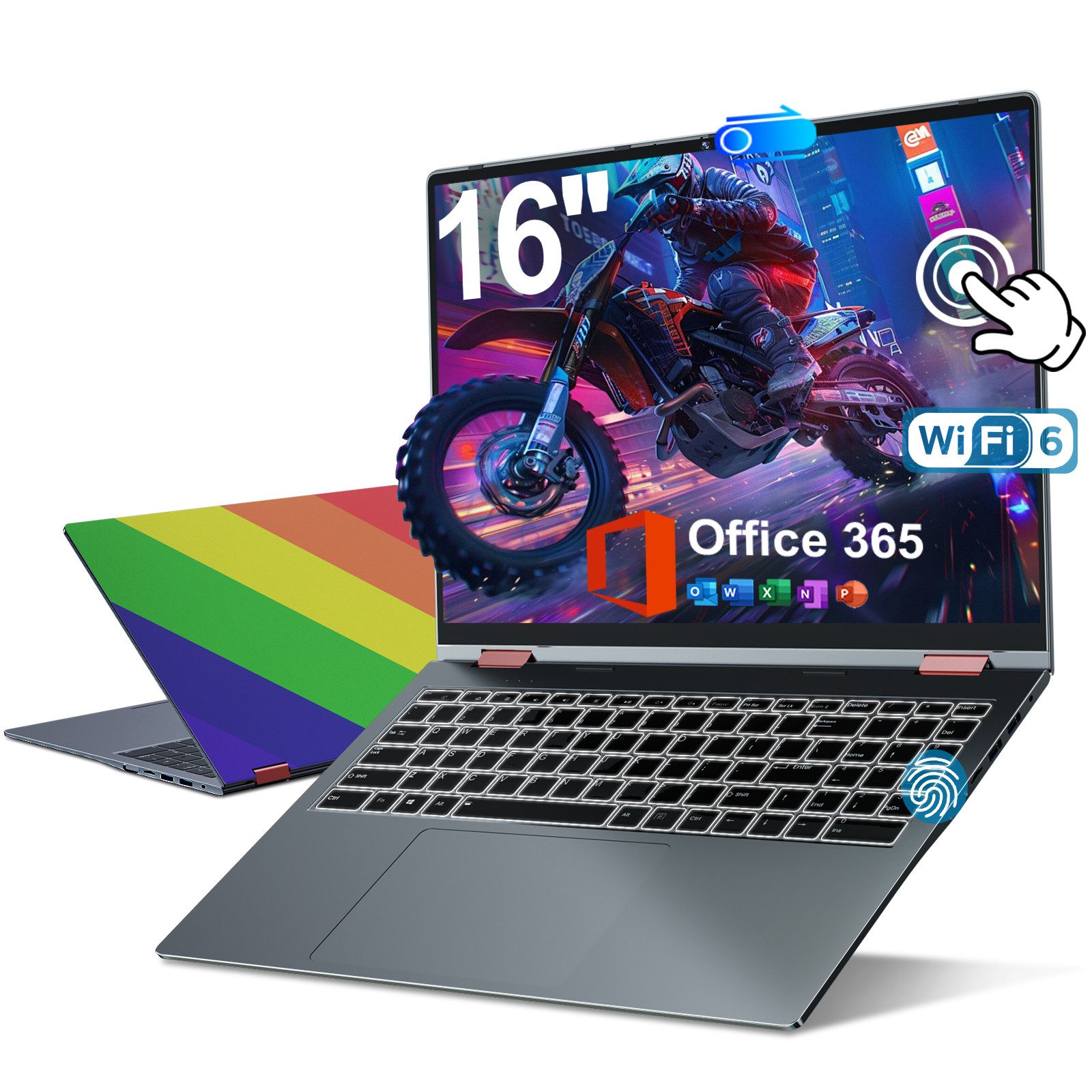 MENGHU 16 Zoll Touch-Laptop 16GB RAM Beleuchtete DE-Tastatur Fingerabdruck Notebook (Intel® Celeron® N5095, Intel UHD Graphics, 16 GB, 640 GB SSD, 4-core CPU)