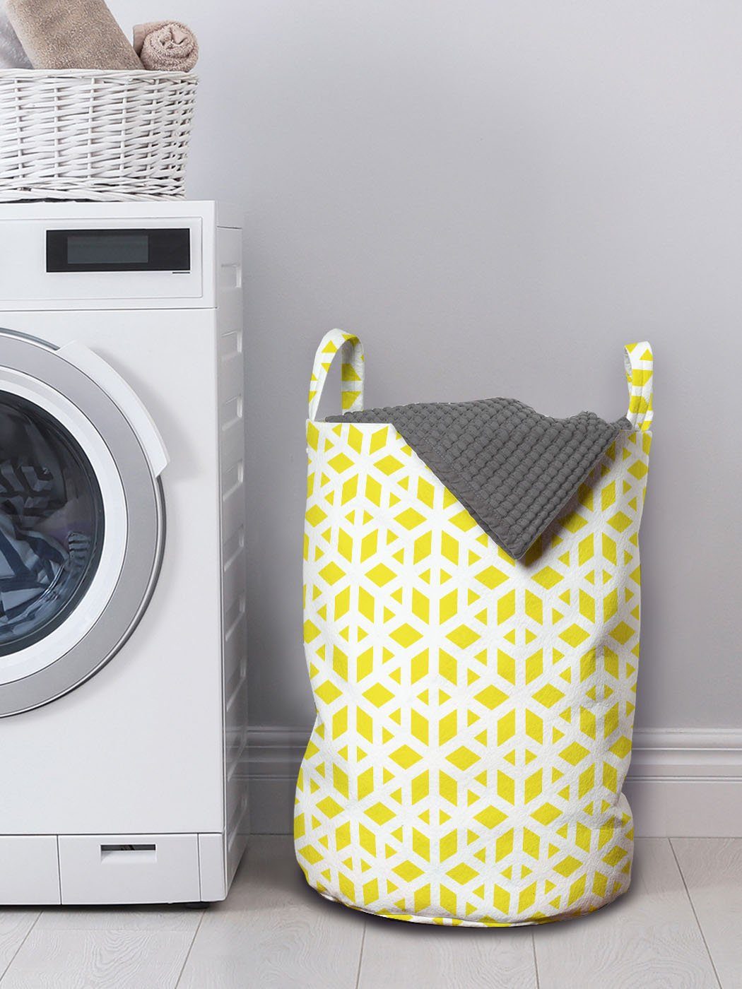 Abakuhaus Entwurf Gelb Waschsalons, Wellenförmige Griffen Weiß und Kordelzugverschluss für Wäschesäckchen Linien mit Wäschekorb