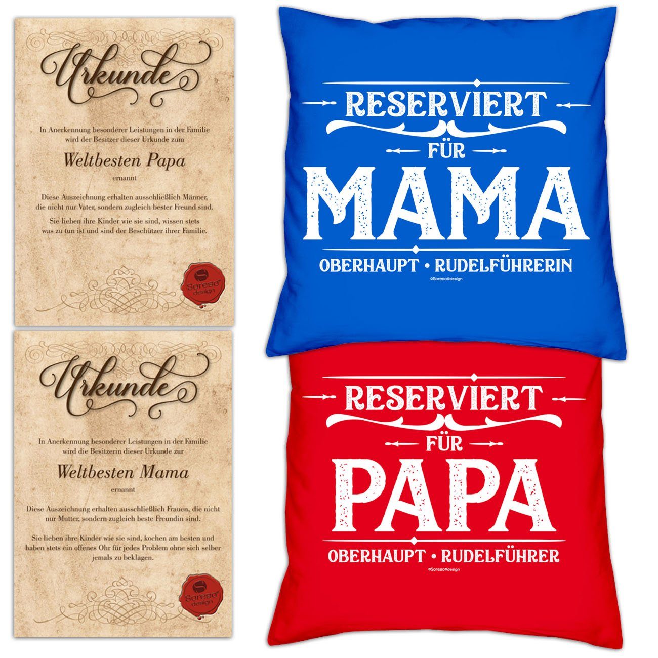 Soreso® Dekokissen Kissen-Set Reserviert für Papa Reserviert für Mama mit Urkunden, Geschenkidee Hochzeitstag royal-blau