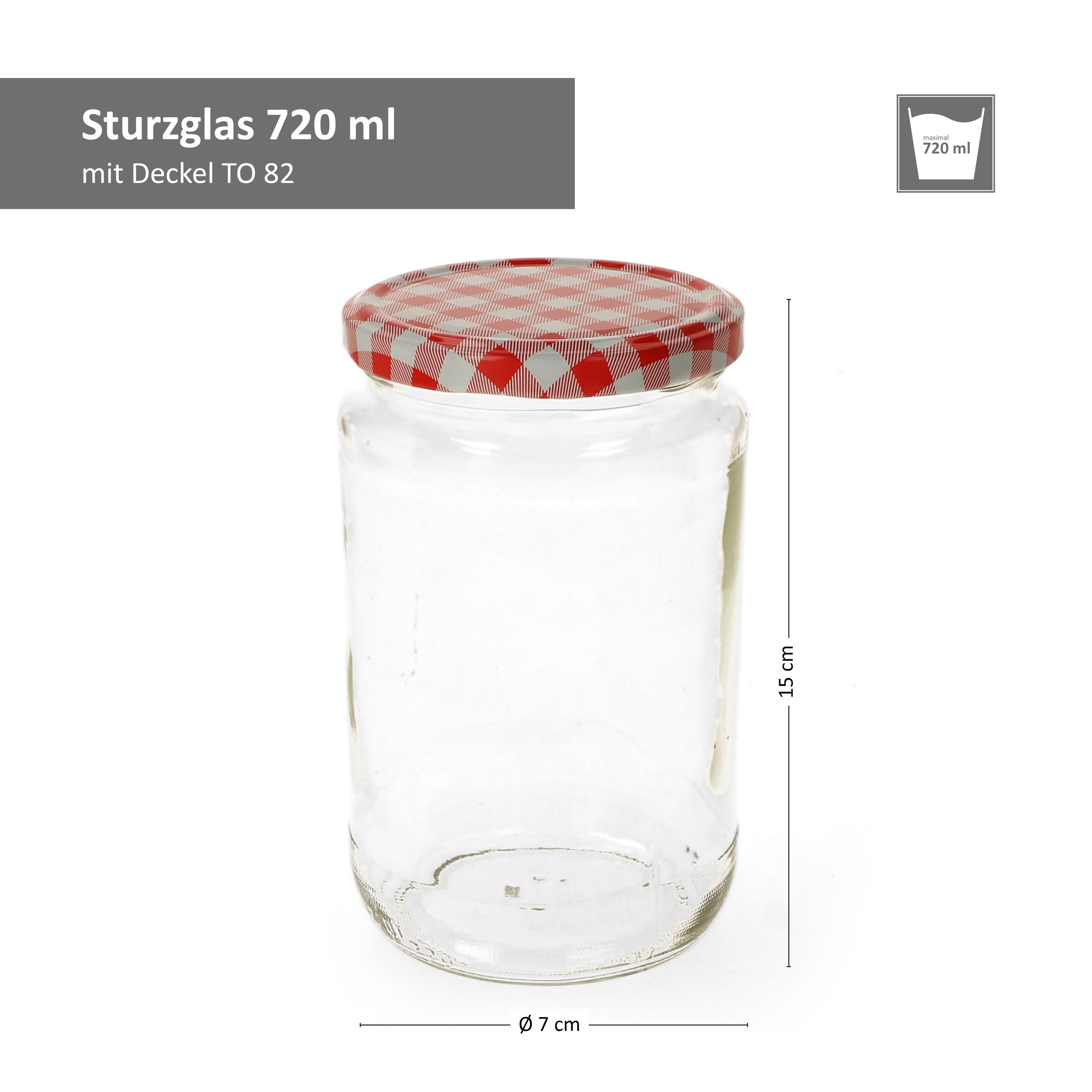 MamboCat Einmachglas 12er Set Rundglas 720 ml To 82 rot karierter Deckel incl. Rezeptheft, Glas