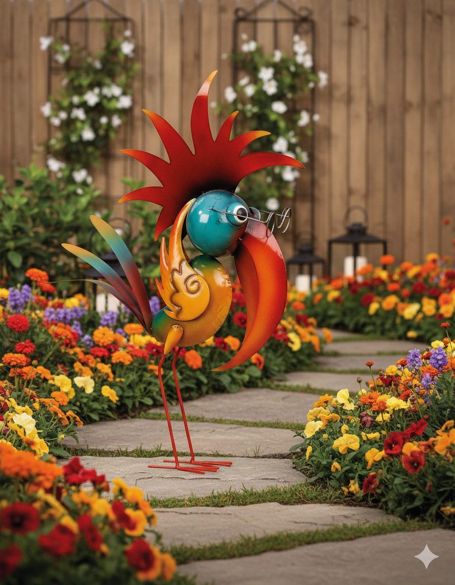 MF Gartenfigur Gartendeko Metall Vogel bunt stehend Arvilo 57 cm, (1 St)