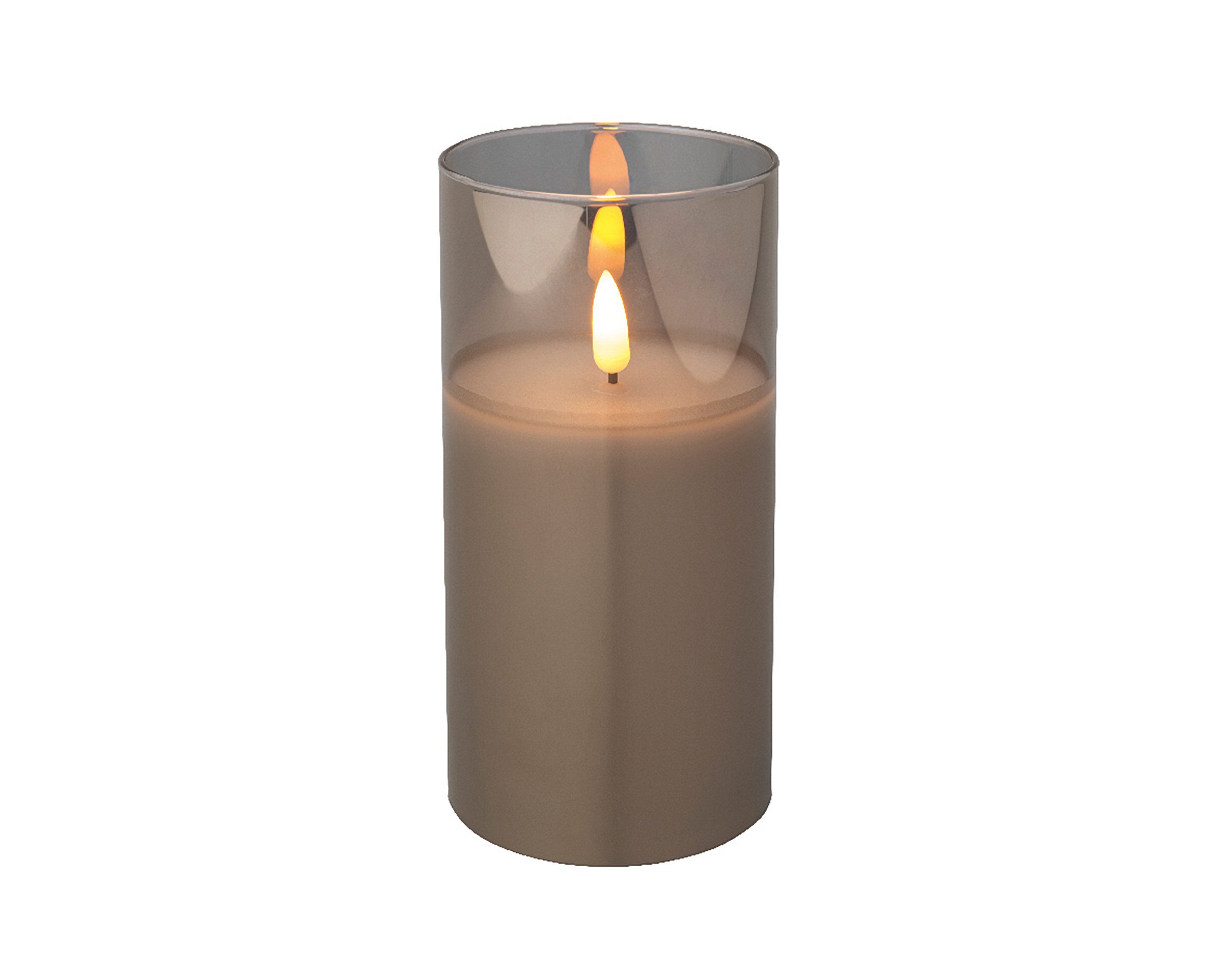Lumineo LED-Kerze, LED Kerze im Glas 7,5x15cm mit Timer Wachs Rauchgrau / Warmweiß