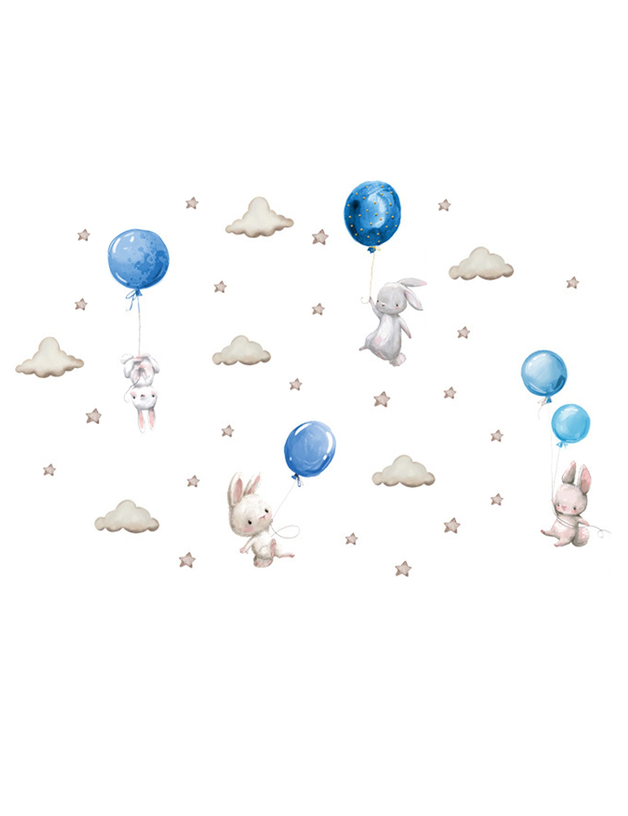 Sipo Wandbild Wandaufkleber Hase, Sterne, Blaue Luftballons