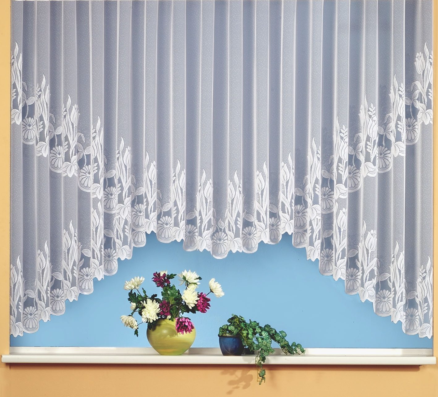 heimtexland Gardine Bogen Kuvert-Store Vorhang weiß durchscheinend (1 St), Kräuselband, halbtransparent, Jacquard, Rundkuvert I Bogenstore I Blumen Bordüre I gebogt