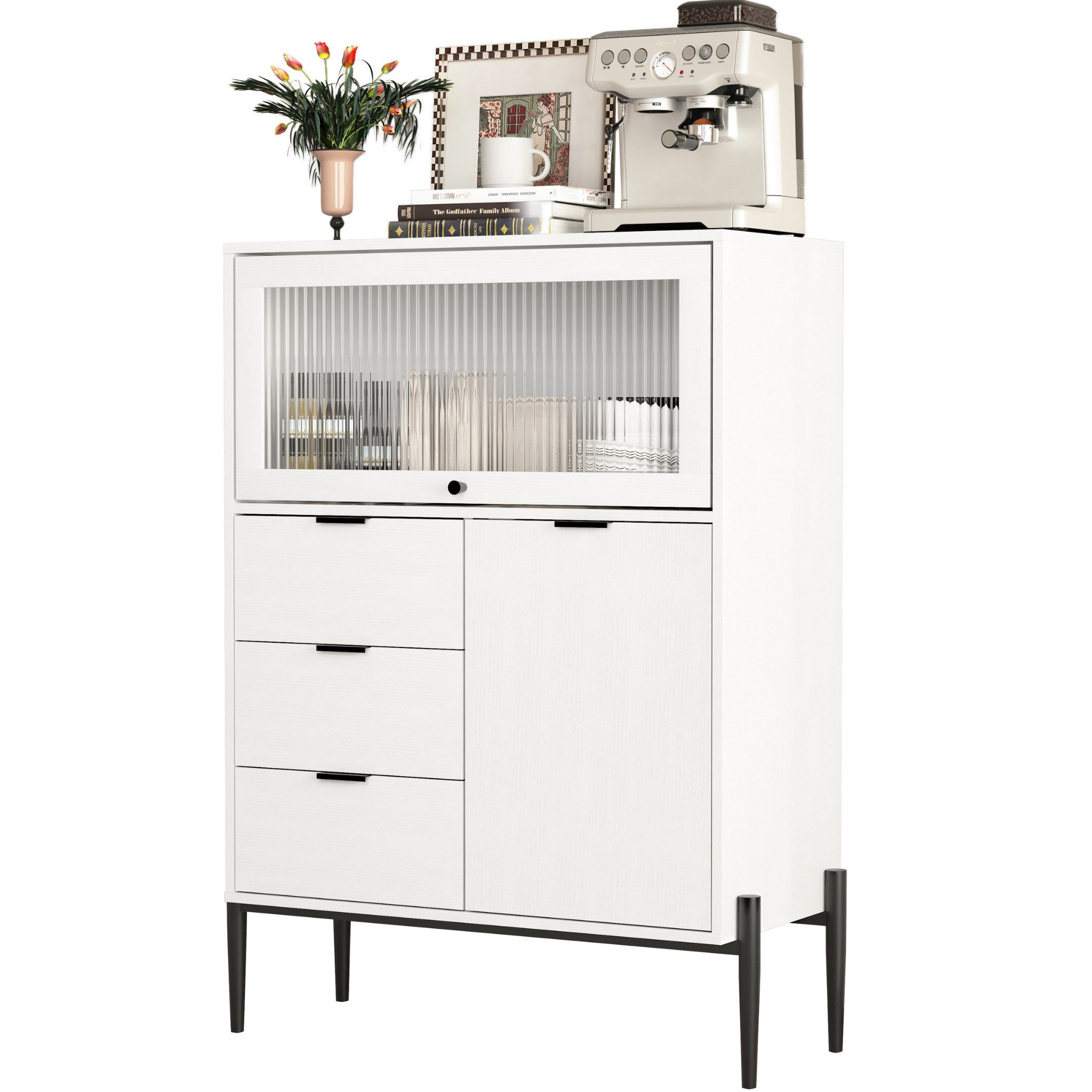 SeedWave Anrichte Moderner Küchenschrank Kommode Küche Sideboard mit Viel Stauraum, 1 Glas-Klapptür nach oben, einstellbare Einlegeboden und Scharniere