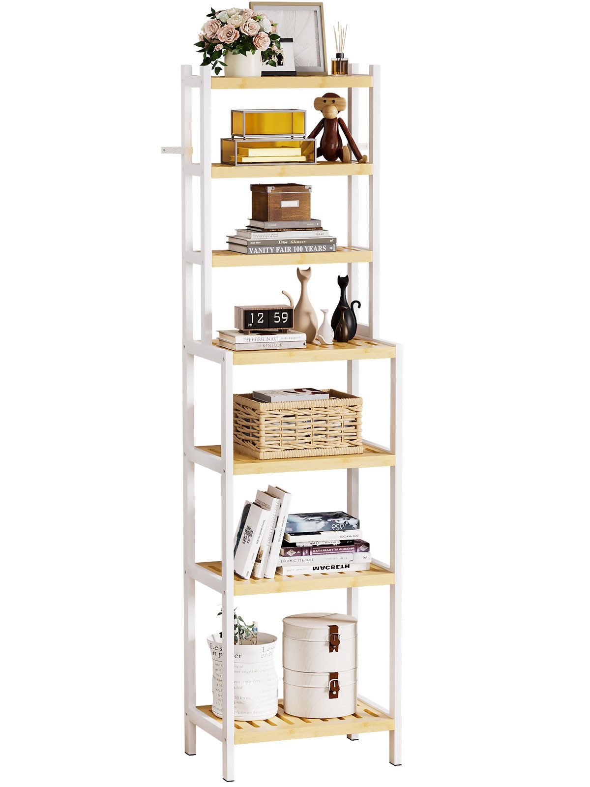 Yorbay Standregal Badregal mit 7 Ebenen, Bambus Aufbewahrungsregal, Kippsicherung, 110 kg Tragkraft