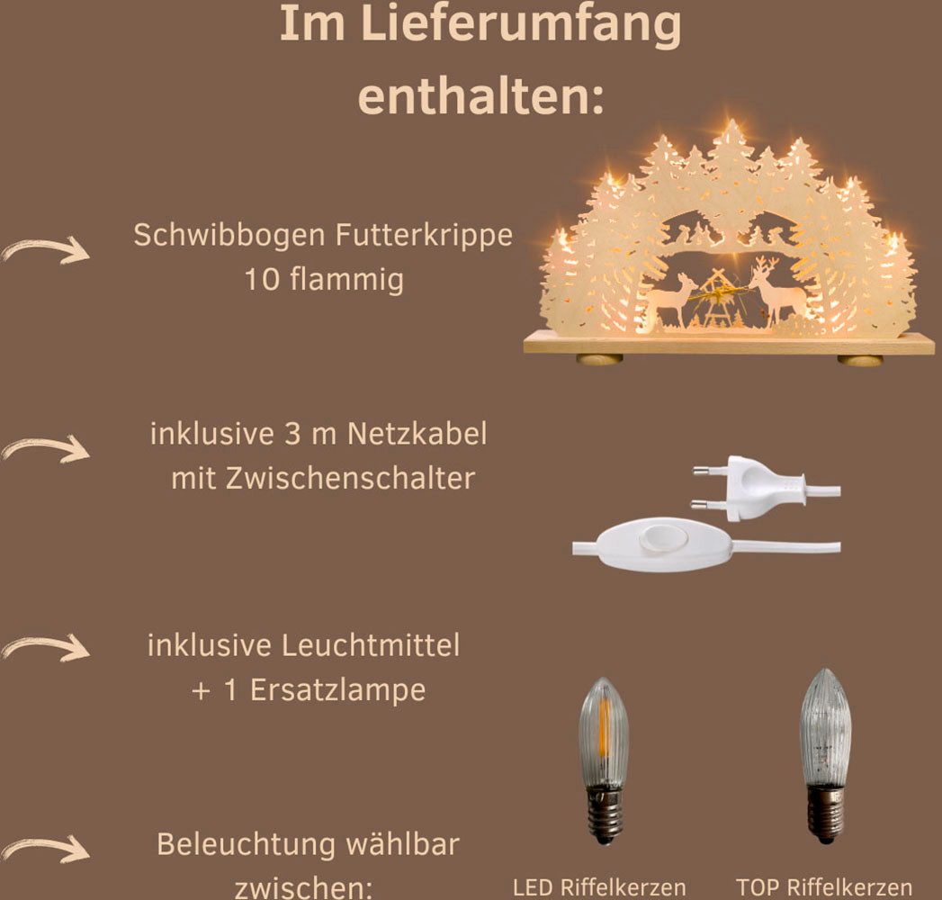 Weigla LED Schwibbogen Futterkrippe mit echtem Heu, Lichterbogen aus Holz, NATUR (1-tlg), Made in Germany, Weihnachtsdeko Innen, Weihnachtsbeleuchtung