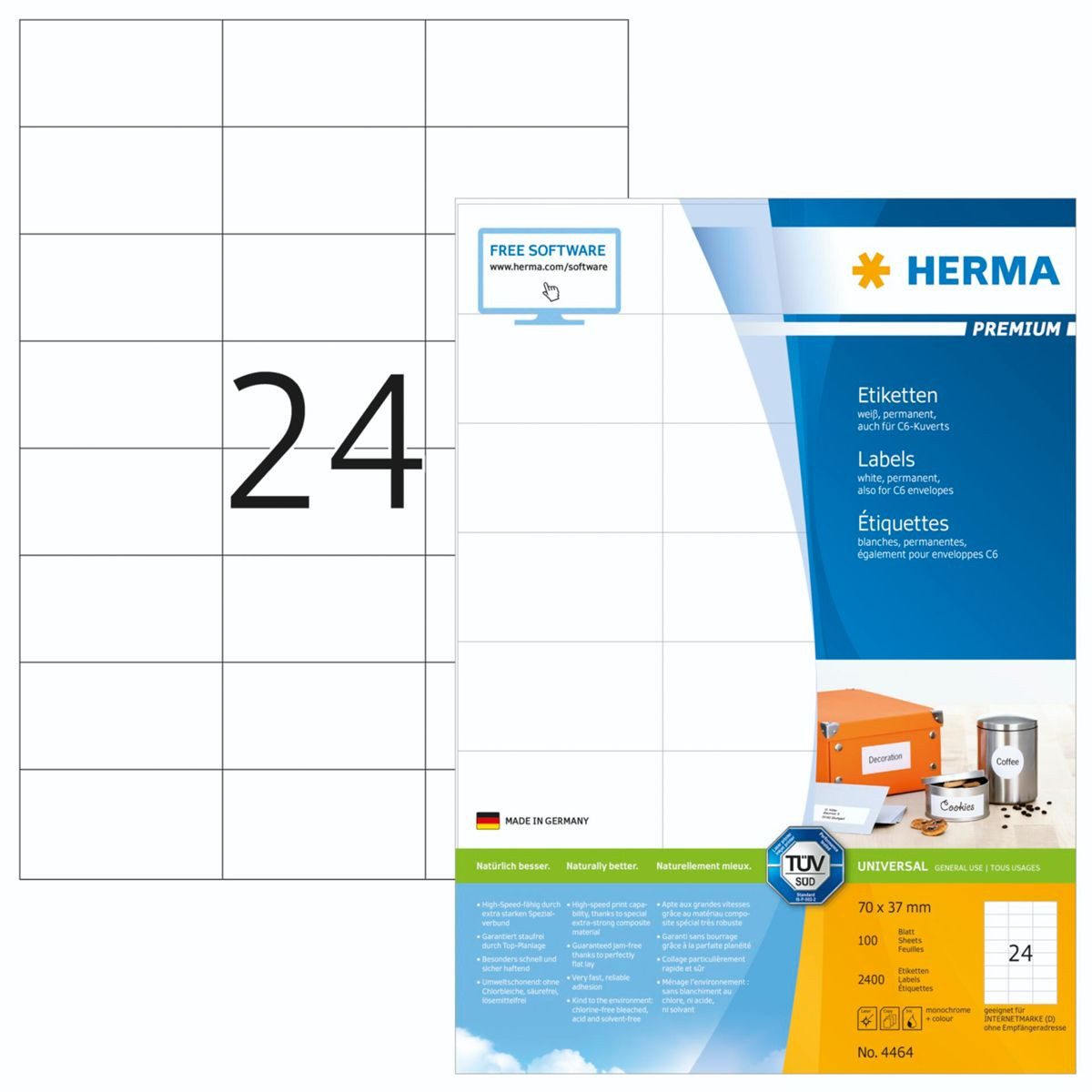 HERMA Etiketten Prem. Etiketten 70x37 100 Blatt DIN A4 2400