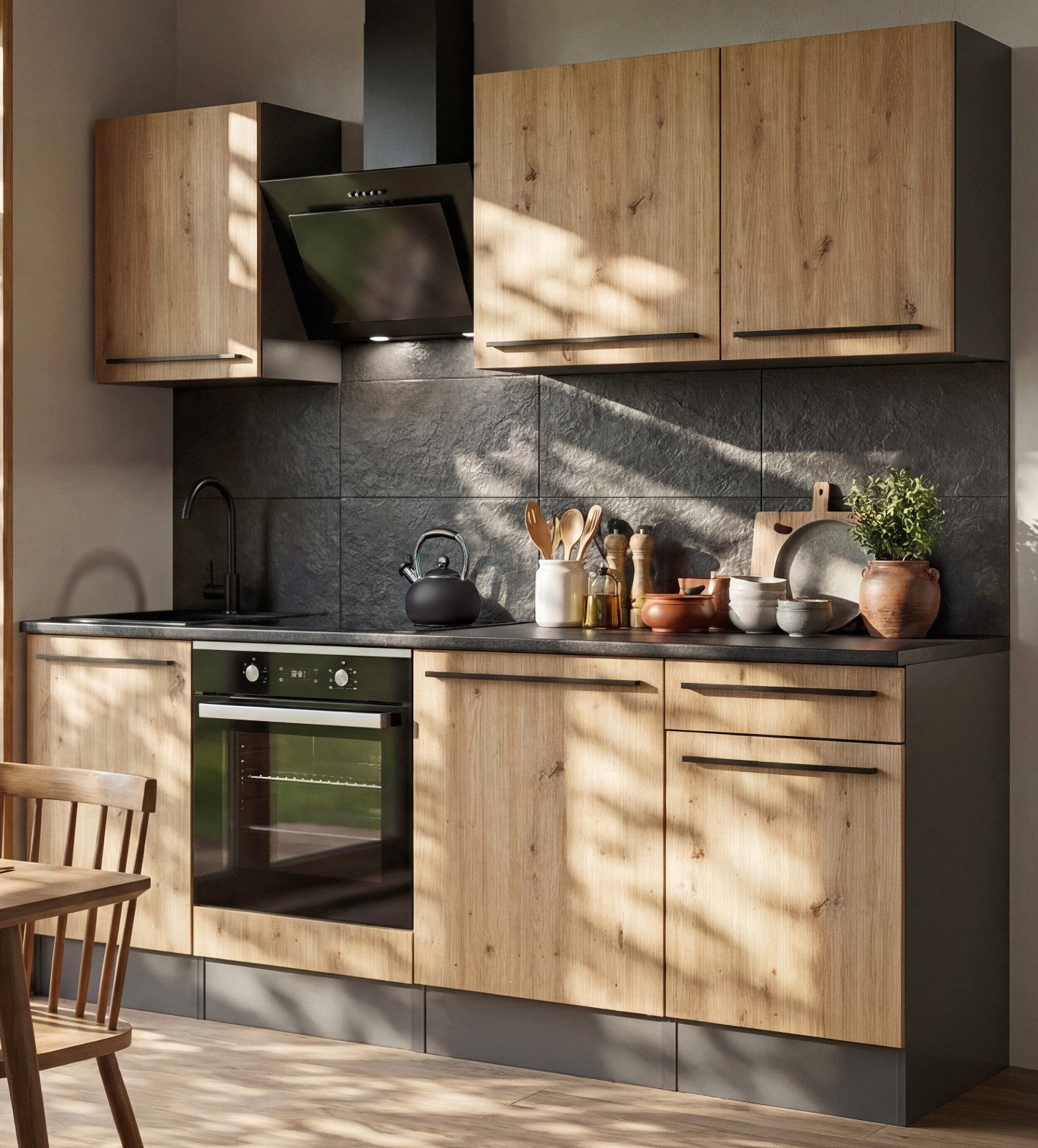 Furn.Design Küchenzeile Smart, (Set 7-teilig in Eiche Artisan und Grau, Breite 220 cm), verschiedene Stellmöglichkeiten