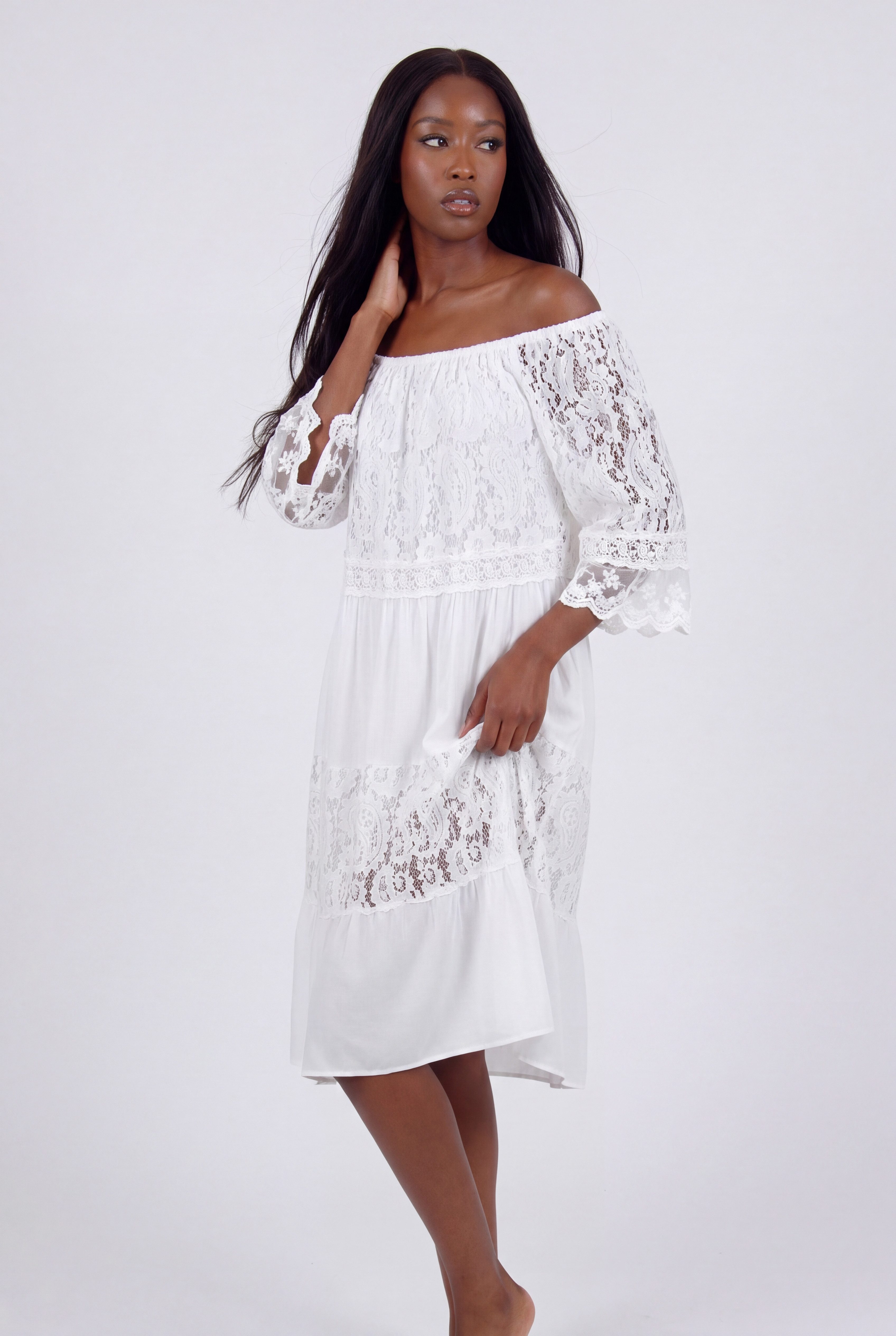 YC Fashion & Style Sommerkleid Boho Spitzenkleid Carmen-Ausschnitt Weiß One Size 36–42 in Unifarbe