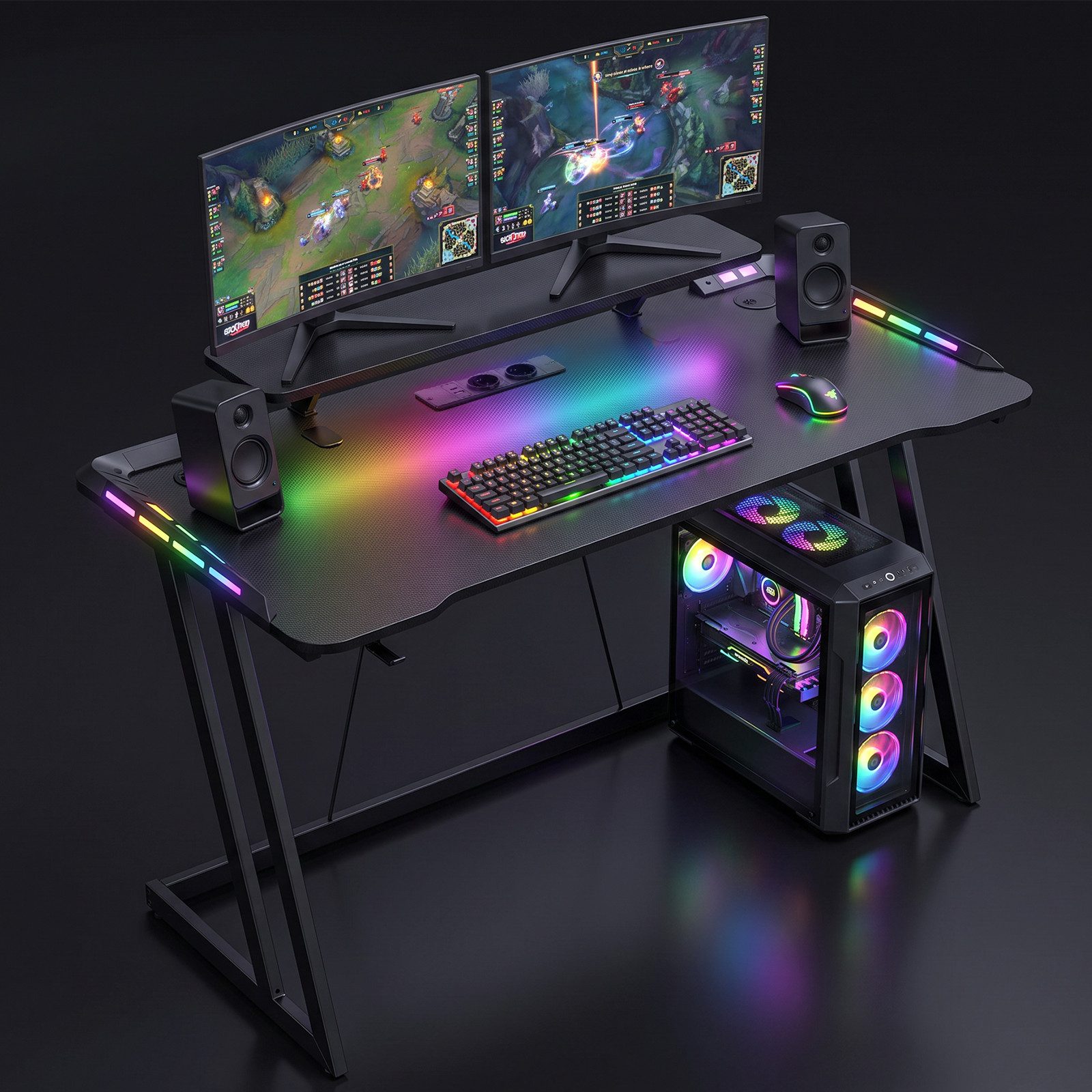 Patbrela Schreibtisch 120/140/160x60x75cm Umkehrbarer PC Tisch, Bürotisch Moderner Stil, Gamingtisch mit RGB, Monitoraufsatz, integrierter Steckdosenleiste