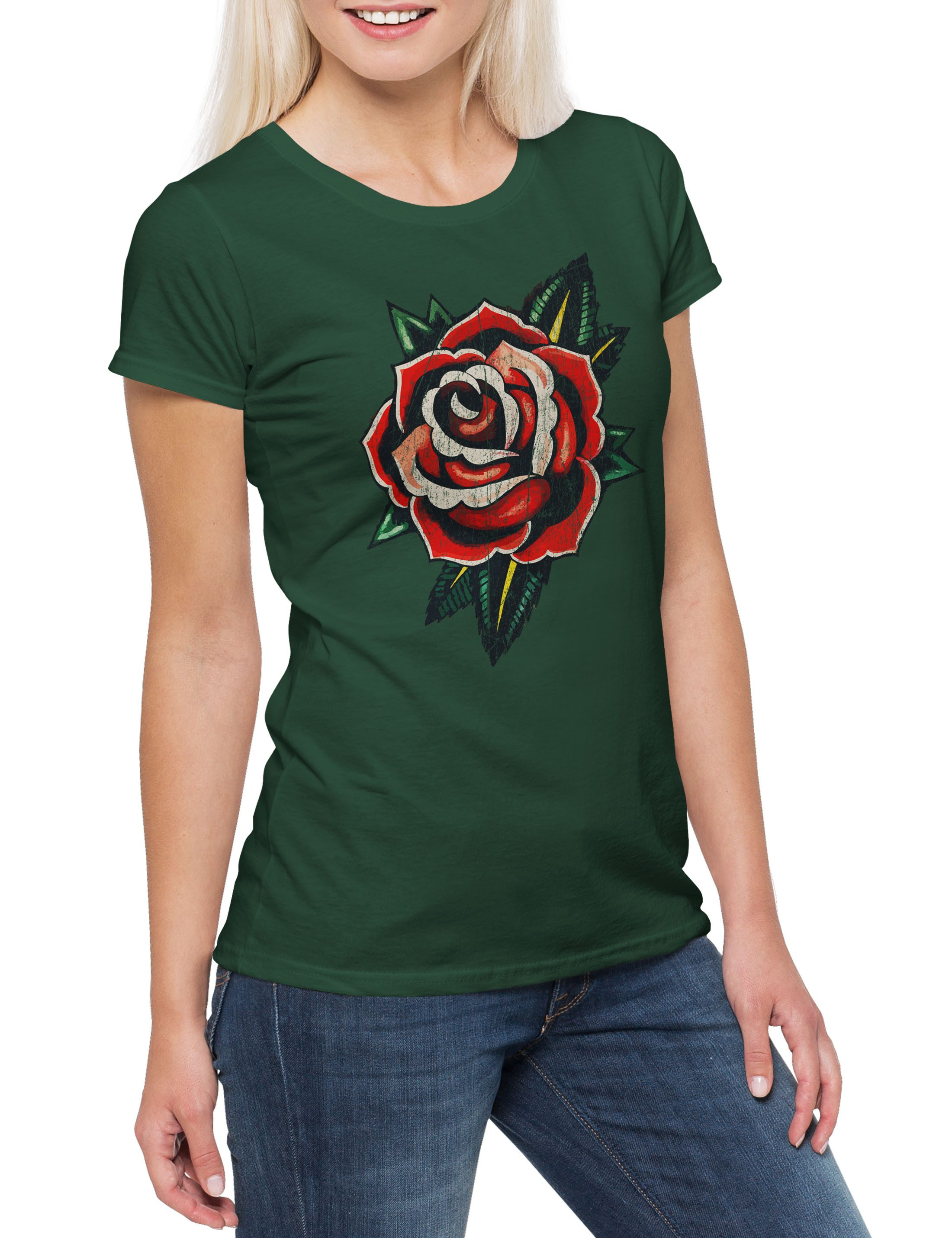 Print-Shirt Tattoo Rose Damen T-Shirt Rosen Flower Blume Art Artist Flash