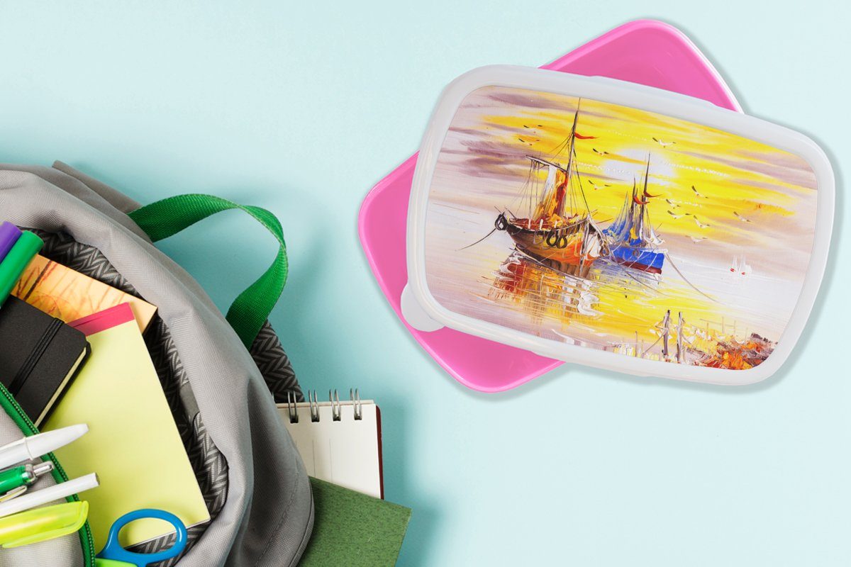 MuchoWow Lunchbox rosa Brotbox Kinder, Kunststoff Malerei Boot Wasser Mädchen, - - Snackbox, für (2-tlg), Erwachsene, Kunststoff, - Ölfarbe, Brotdose