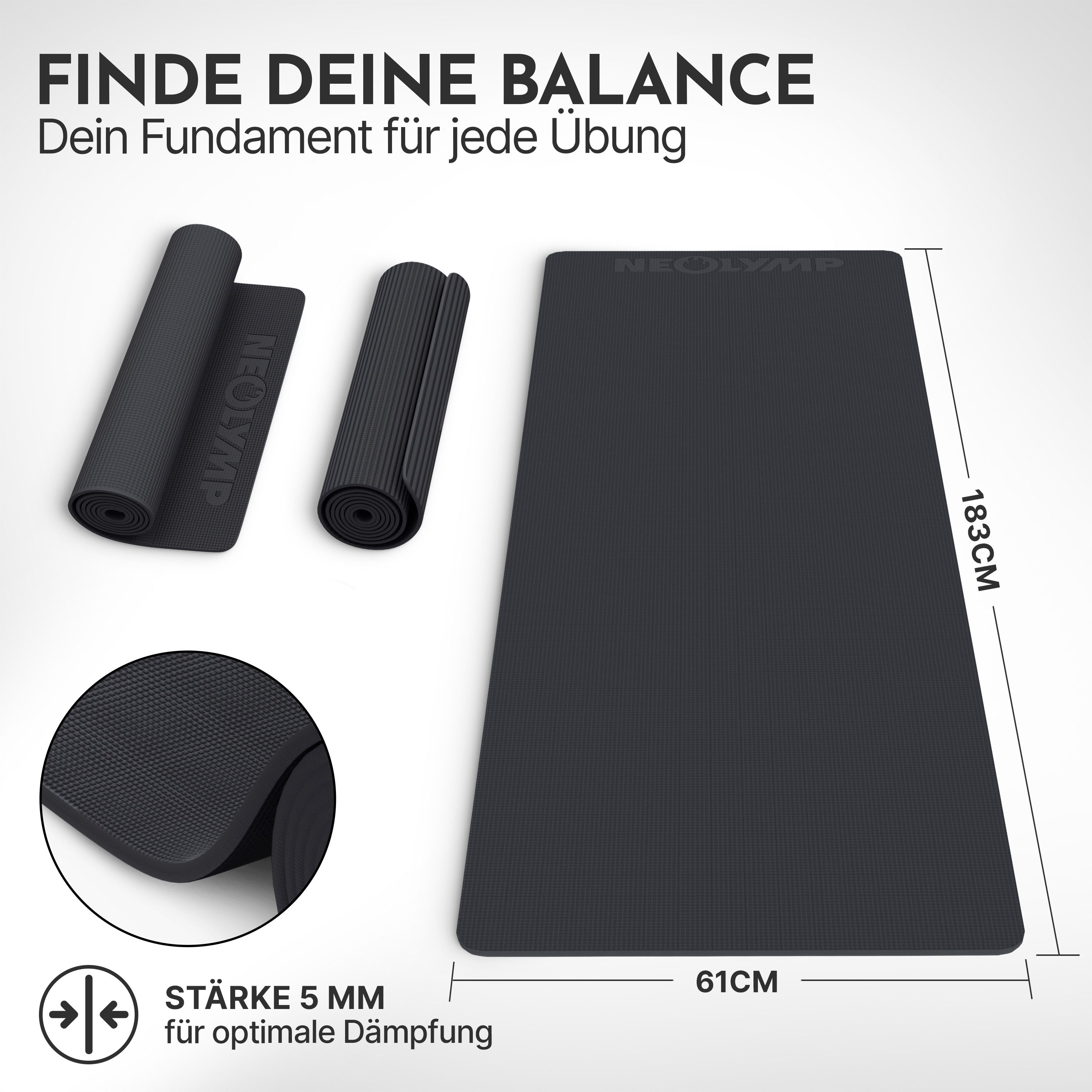 NEOLYMP Yogamatte Yogamatte rutschfest & gelenkschonend – Gelenkschonende Gymnastikmatte (Pilates Matte für Yoga, Workout – inkl. E-Book & Video Übungen), Fitnessmatte für Zuhause – 183x61cm Trainingsmatte aus PVC –Sportmatte