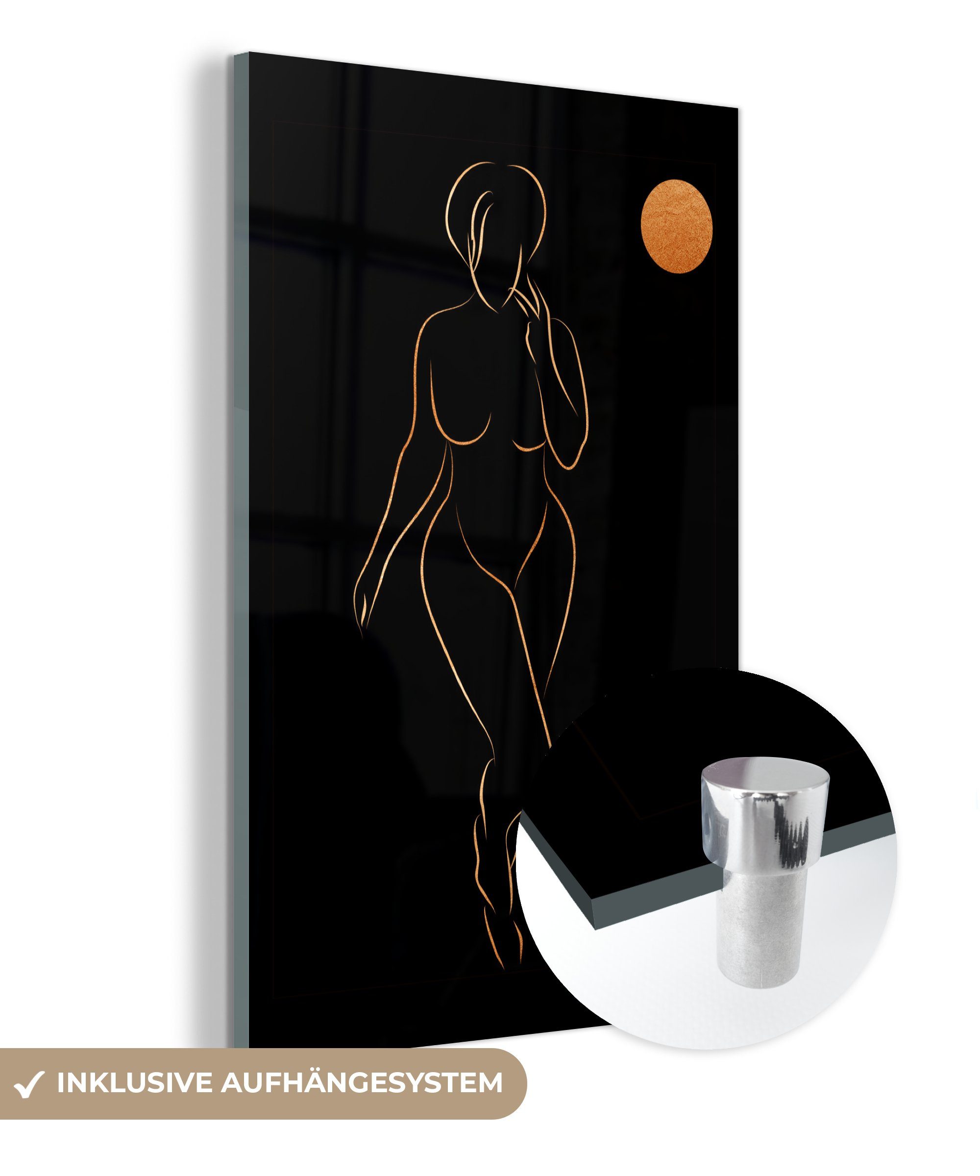 MuchoWow Acrylglasbild Frau - Gold - St), Glas Strichzeichnung, - Schwarz Glas Mond - Wanddekoration Wandbild Bilder und auf Foto auf Glasbilder - (1 