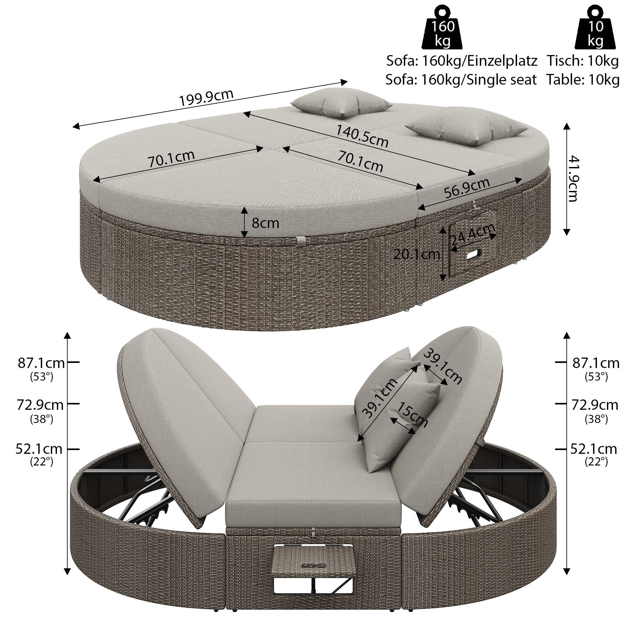 Ulife Gartenlounge-Set Rattan Doppel-Liege, Outdoor Daybett, günstig online kaufen