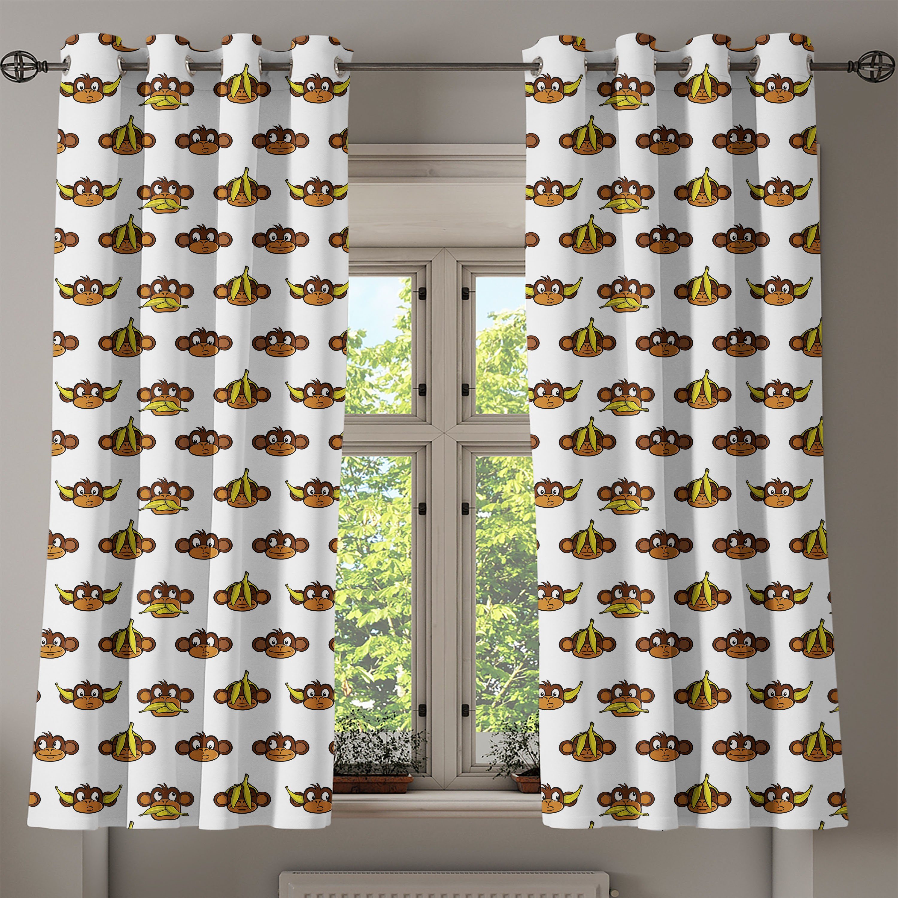Affen Abakuhaus, Dekorative Bananen Lustige 2-Panel-Fenstervorhänge Schlafzimmer Wohnzimmer, für Gardine Kindergarten