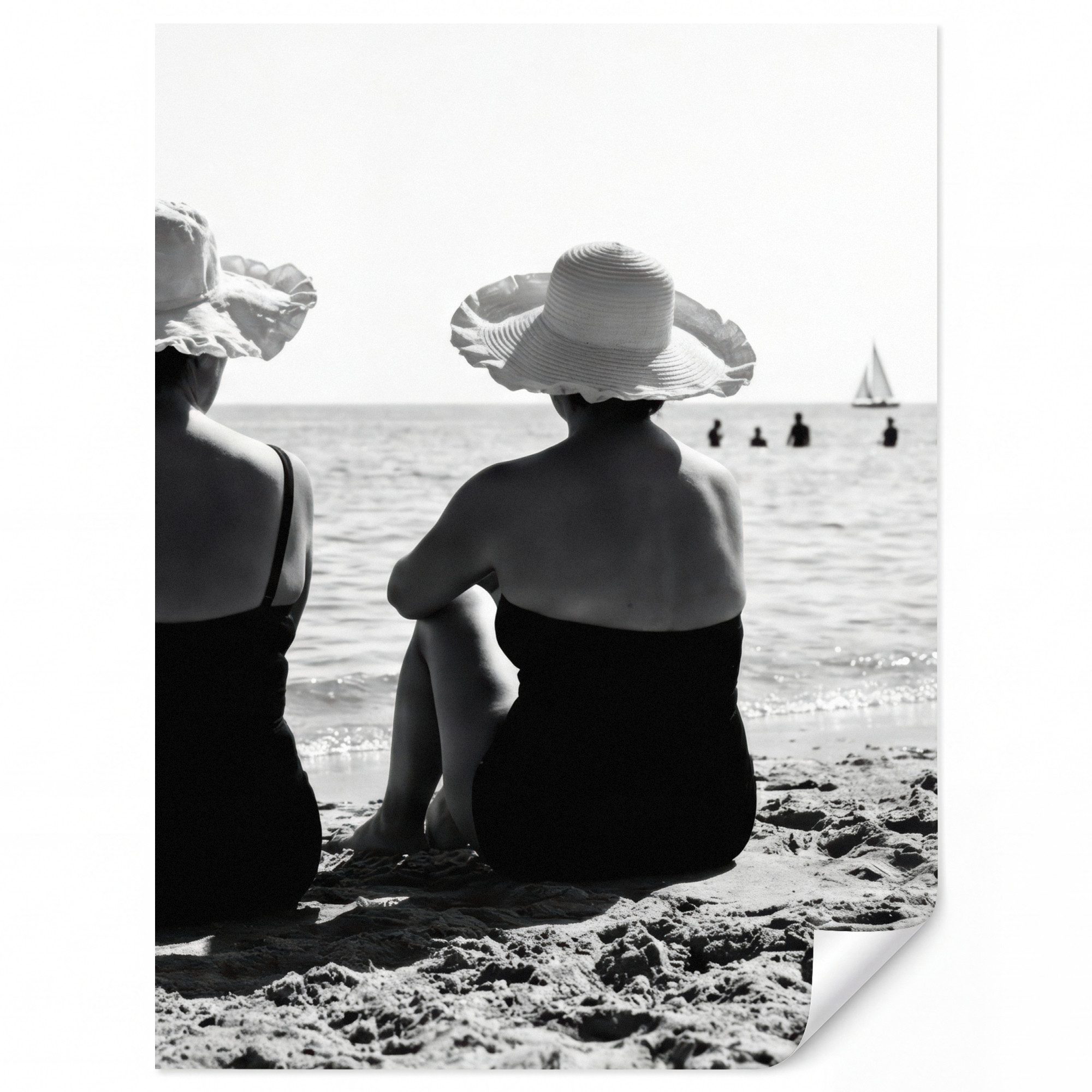 OnlyWow Fototapete Frauen – Sonnenhut – Strand – Schwarz – Weiß, Matt, bedruckt, Wandtapete, Wohnzimmer, Schlafzimmer, Wanddekoration 200x280cm