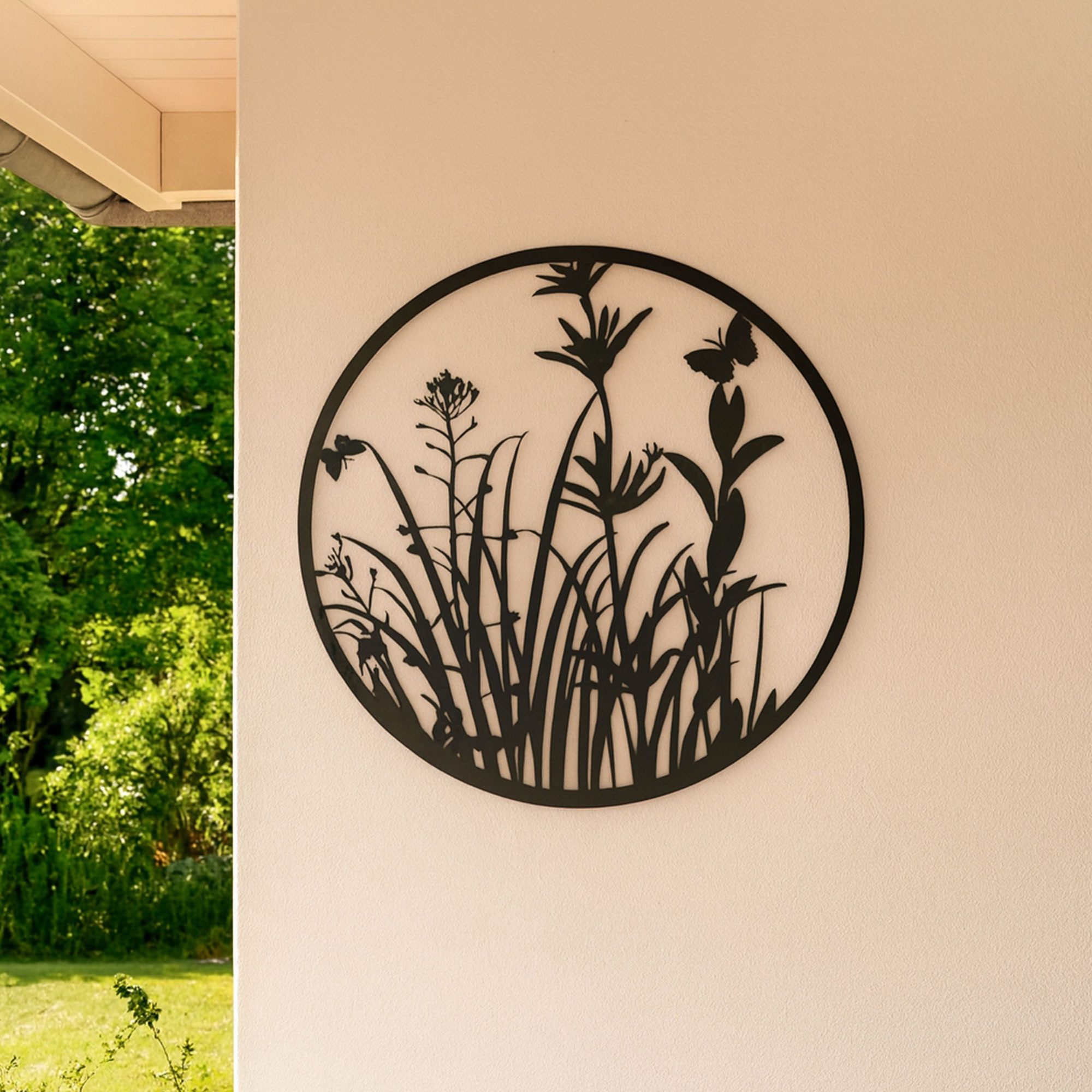 UNUS HOME Dekohänger Metall-Aufhänger Pflanzenmotiv rund (60 cm in Schwarz), Metallaufhänger rund, Wanddeko, Gartendeko