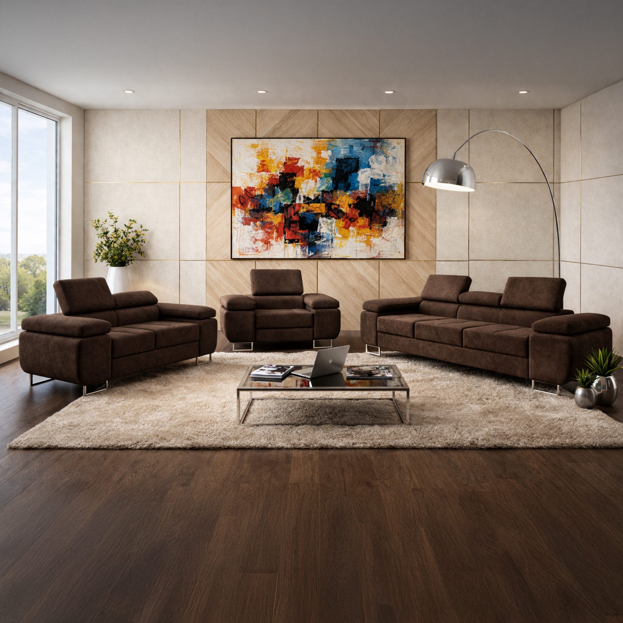 M-Punkt24 Polstergarnitur Sofa Wohnlandschaft DUBAI, (3-2-1, mit Bettfunktion, XL Sofa-Set, Bigsofa, Samt, Braun), Bestehend aus 3-Sitzer mit Bettfunktion, 2-Sitzer, Sessel