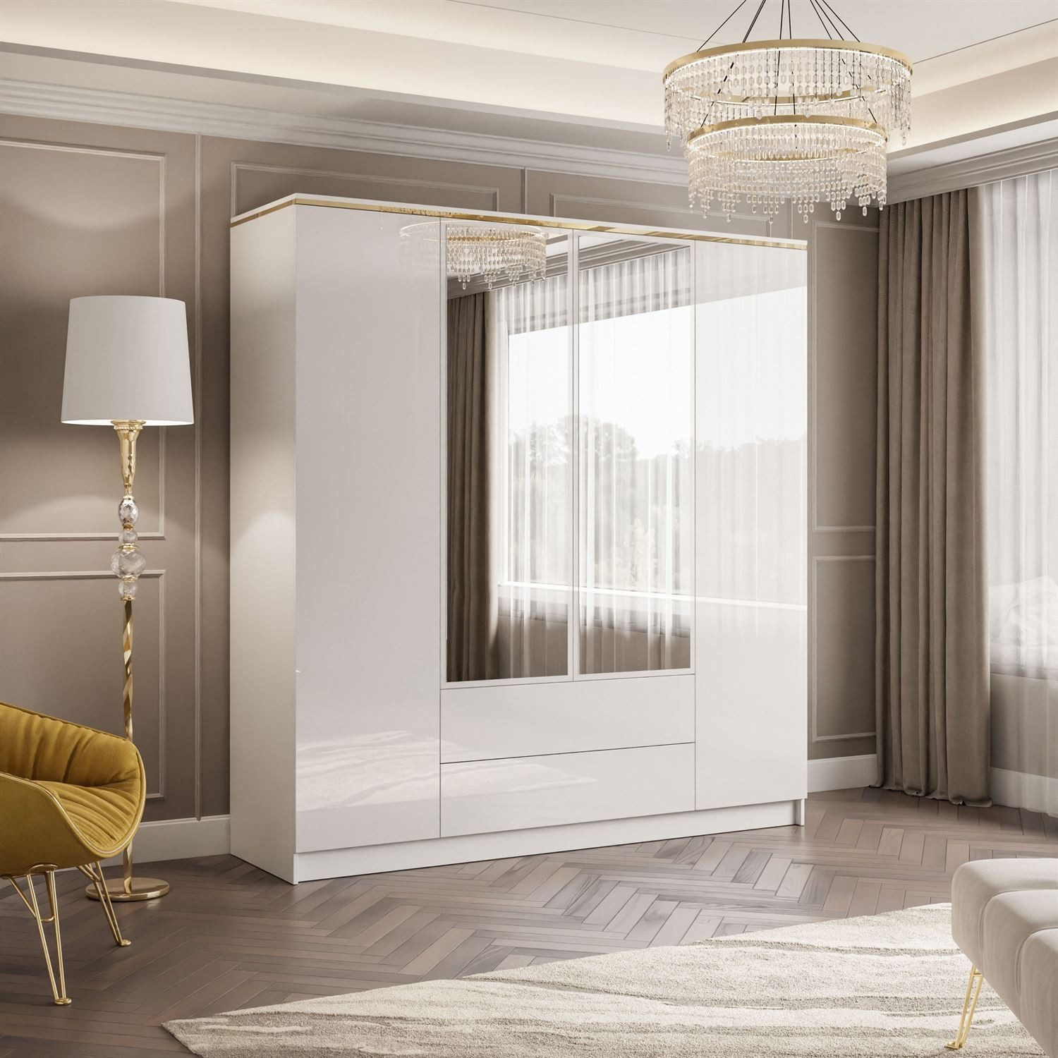 Lookway Kleiderschrank AURORA 4D2S in Weiß hochglanz mit Schubleden Breite: günstig online kaufen