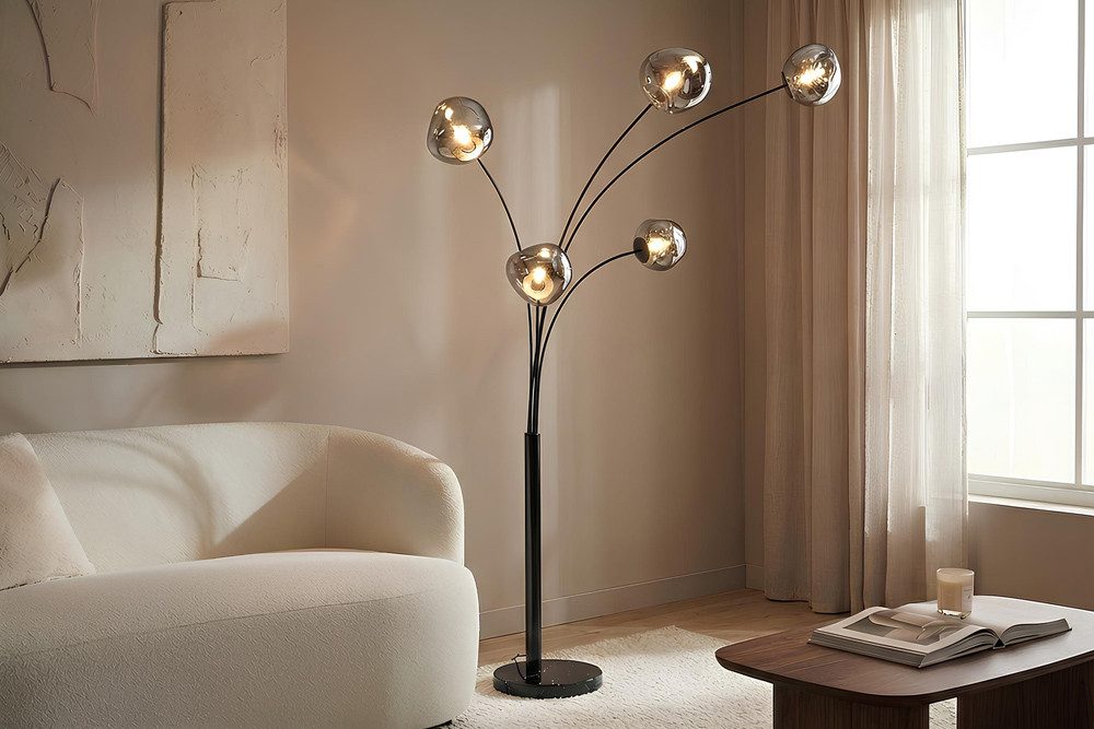 riess-ambiente Stehlampe LIQUID DIAMOND 200cm smoke grau/schwarz – 5 Kugelschirme aus Glas, Ein-/Ausschalter, ohne Leuchtmittel, mehrarmiges Design mit Marmorfuß – ideal für Lounge oder Essbereich