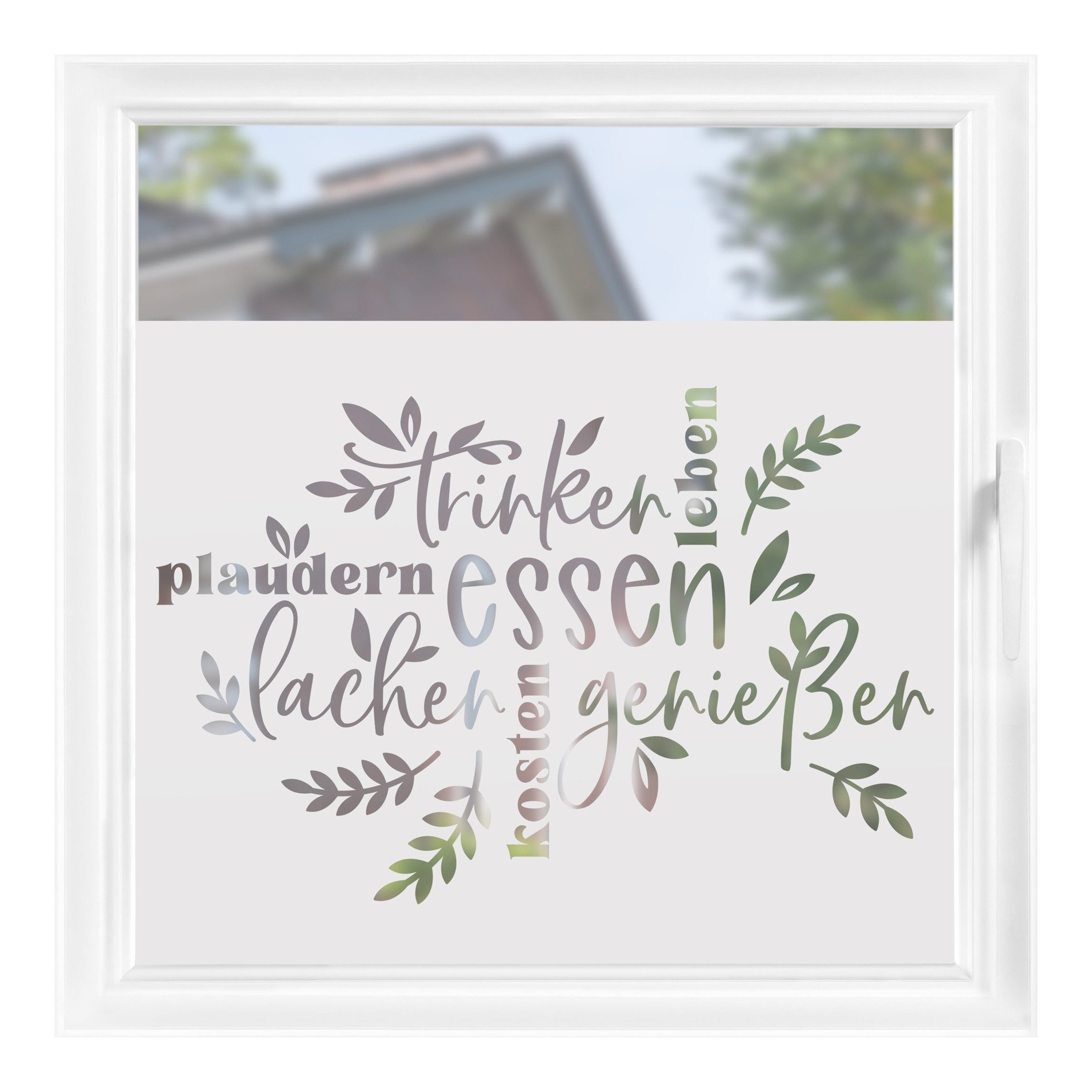 Bilderdepot24 Fensterfolie statisch haftend Motiv Fensterdeko Lachen Essen Genießen II Küche, blickdicht, Innen Fenster Tür Balkontür Küche Esszimmer Küchenfenster