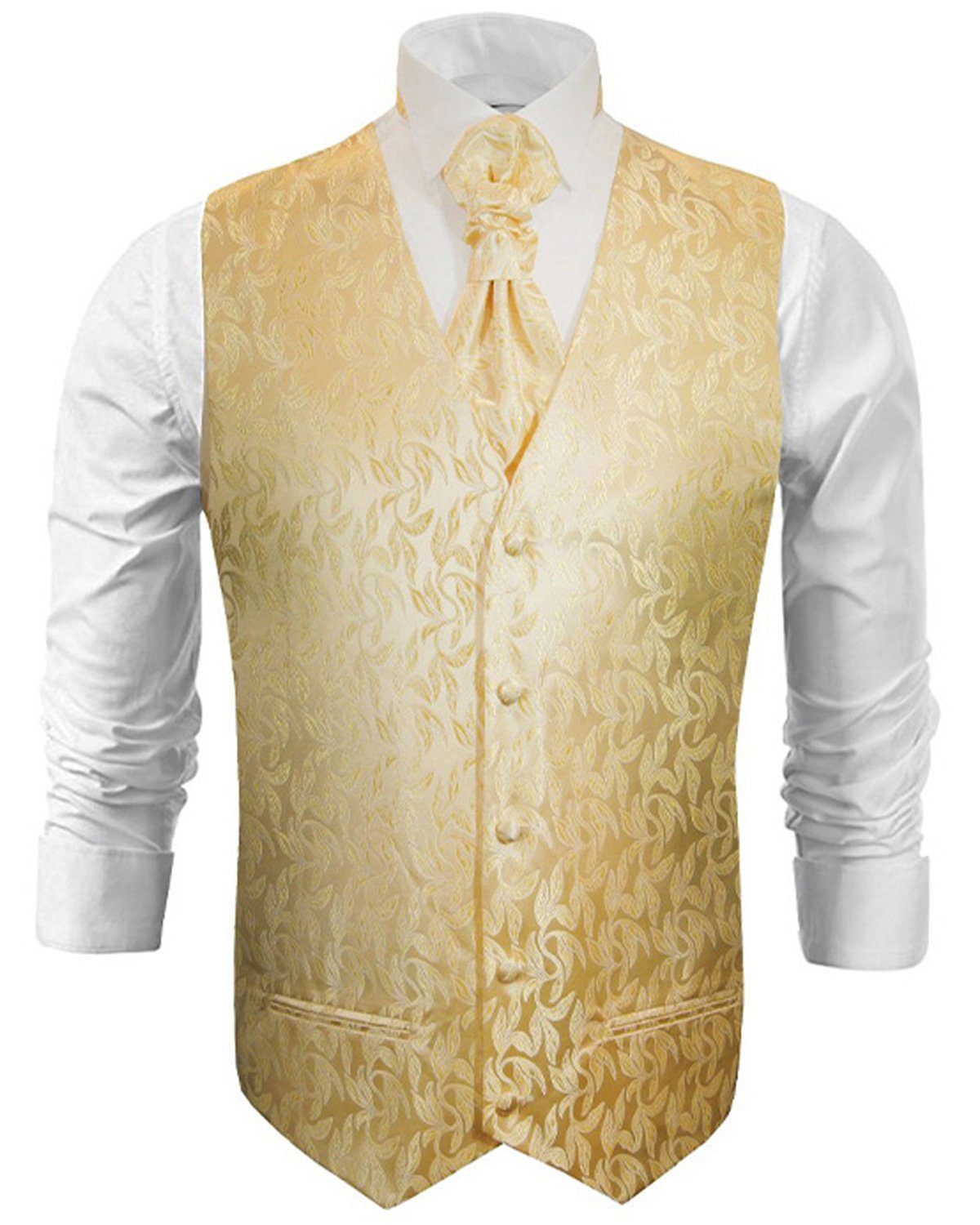 Paul Malone Anzugweste Herren Hochzeitsweste mit Plastron Set 2tlg florale - Bräutigam (Set, 2-tlg., mit Weste und Plastron) creme gold V15, Gr. 50 (S)