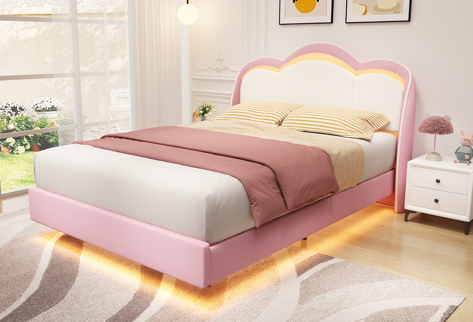 HOMAVO Polsterbett Kinderbett Samt-Polsterbett, inkl. LED, bis 360 kg belastbar (FSC®, Rollrost, Metall/Massivholz, Anti-Rutsch-Klett - für Kinder & Jugend), 90*200cm