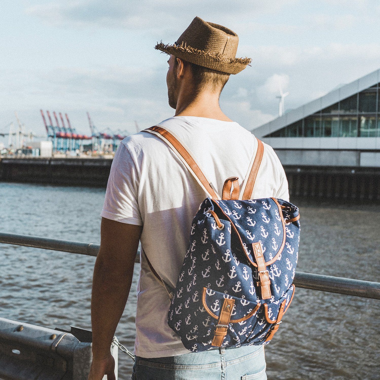 Umhängetasche Anker Bagpack kleine Rucksack hellbeige Ankersymbole Maritim Sonia Originelli