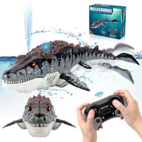 Esun RC-Boot RC-Boot Ferngesteuerter Dinosaurier Spielzeug ab 3 4 6 jahre (Packung, Komplettset), Mosasaurus Ferngesteuertes Boot mit Lichtern Sprühen