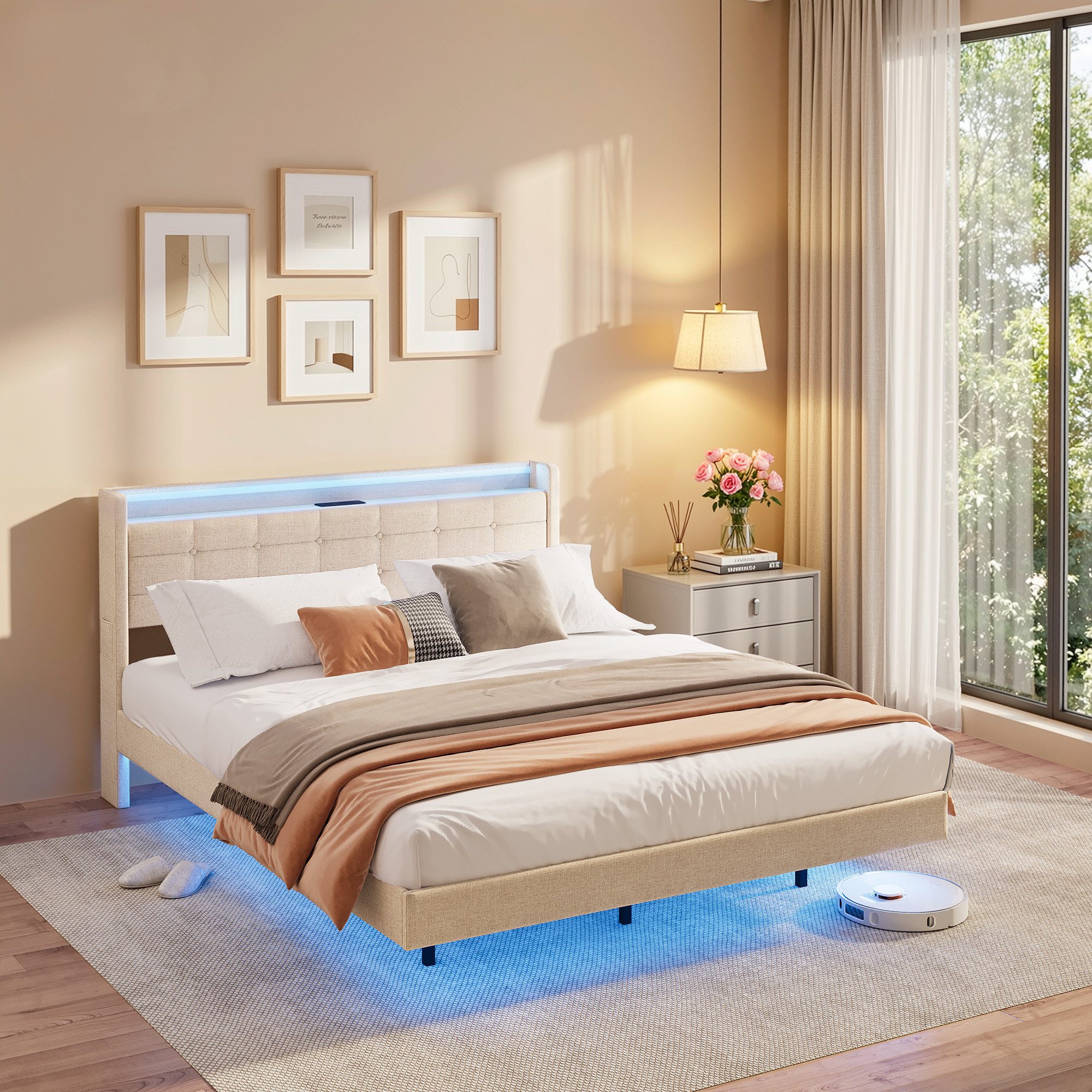 Bealife Polsterbett Einzel- & Doppelbett, Bettgestell mit beleuchtetem Kopfteil & Stauraum (2 Modelle (140x200, 160x200)