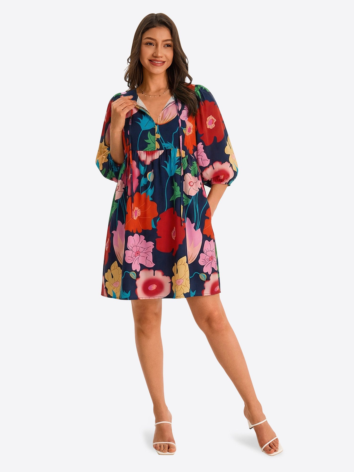 Imily Bela Babydollkleid Damen bedrucktes lockeres Urlaubskleid (Packung, 1-tlg., 1per-Pack) mit Kordelzug