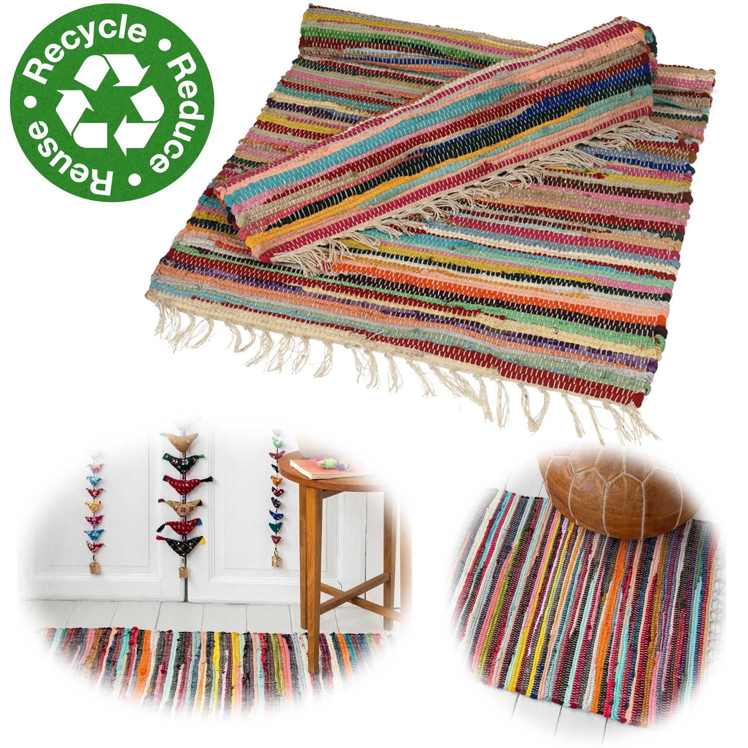 LS-LebenStil Teppich Fleckerlteppich Dehli 90x60cm Recycelt Baumwolle Boho Flickenteppich, rechteckig, Läufer Fransen Vorleger für Wohnzimmer Flur Kinderzimmer Badezimmer