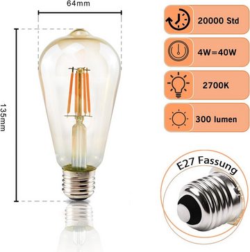 ZMH LED-Leuchtmittel E27 LED Lampe Glühbirne - Vintage Warmweiss Leuchtmittel Edison Birne, E27, 6 St., 2700k, 2700K Retro Beleuchtung Licht Gold Filament Glas