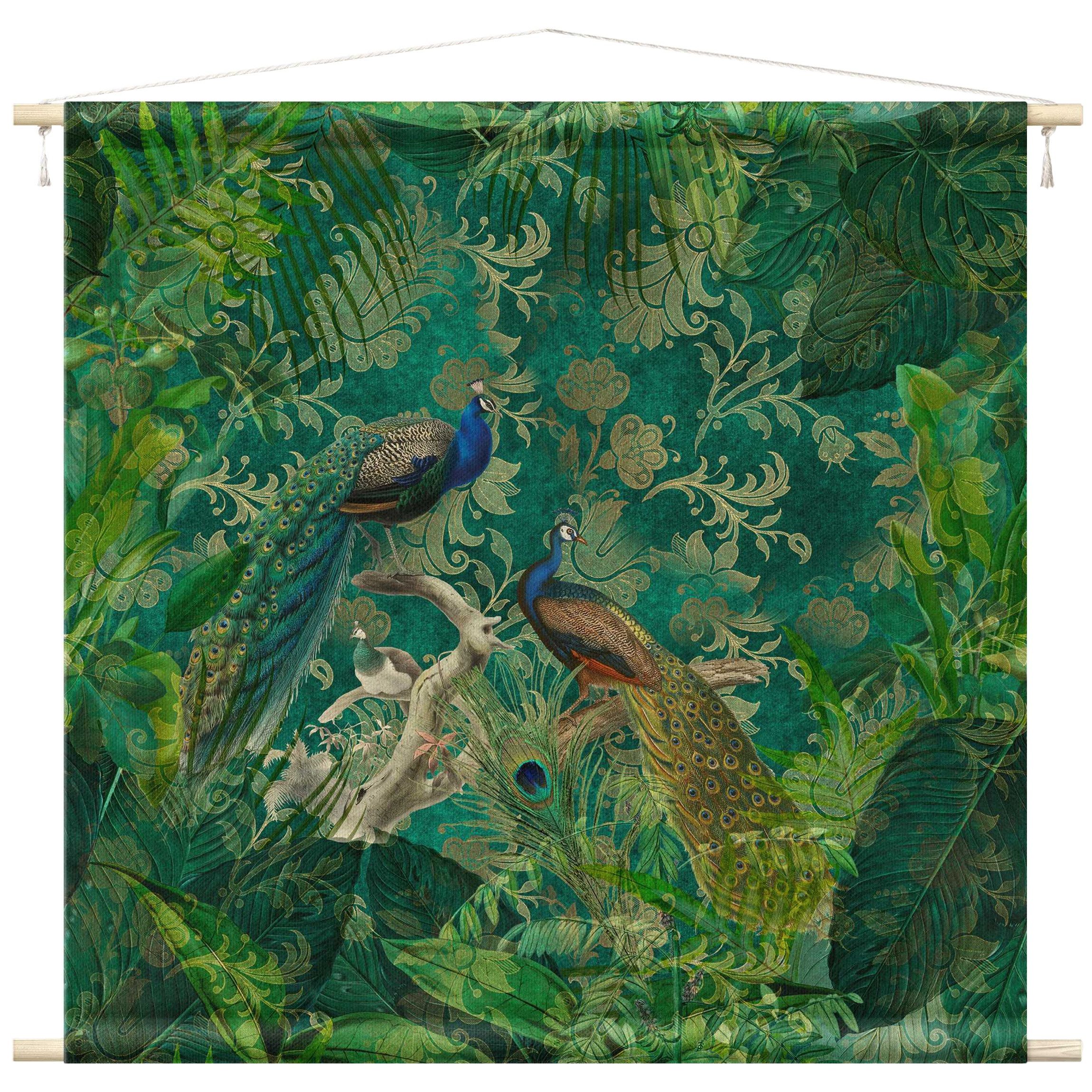 Bilderdepot24 Wandteppich modern Vintage Botanik Tiere Vögel grün, quadratisch, Höhe: 2.6 mm, großes Wandbild aus Natur-Baumwolle Wandbehang Stoffbild Tuch Wollseil