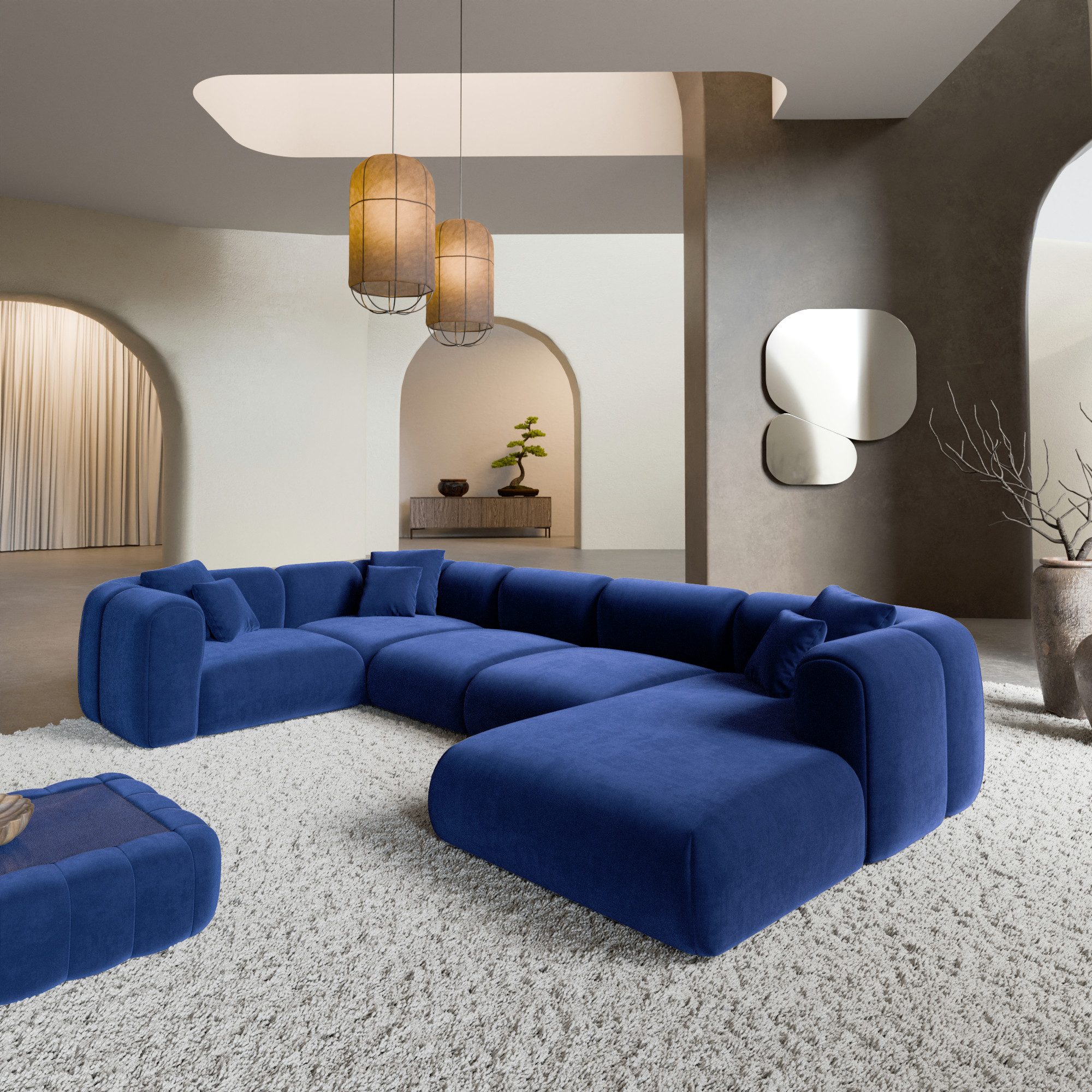 Sofa Dreams Wohnlandschaft Venturia U Form Stoffbezug Ottomane, 6-Sitzer, Polstersofa, Lounge, Design, Samtstoff Bezug in Dunkelblau
