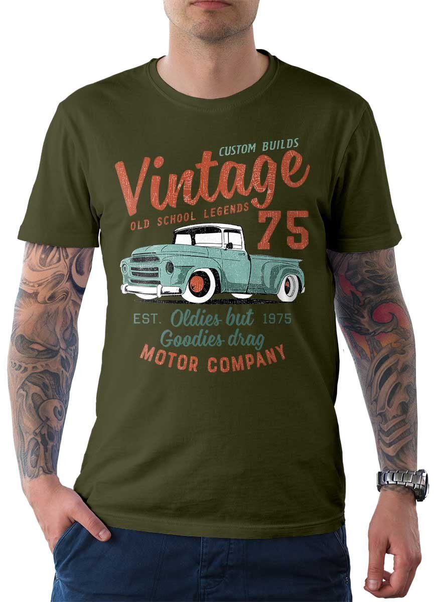 Rebel On Wheels T-Shirt Herren T-Shirt Tee Vintage Truck 75 mit Auto / US-Car Motiv Oliv