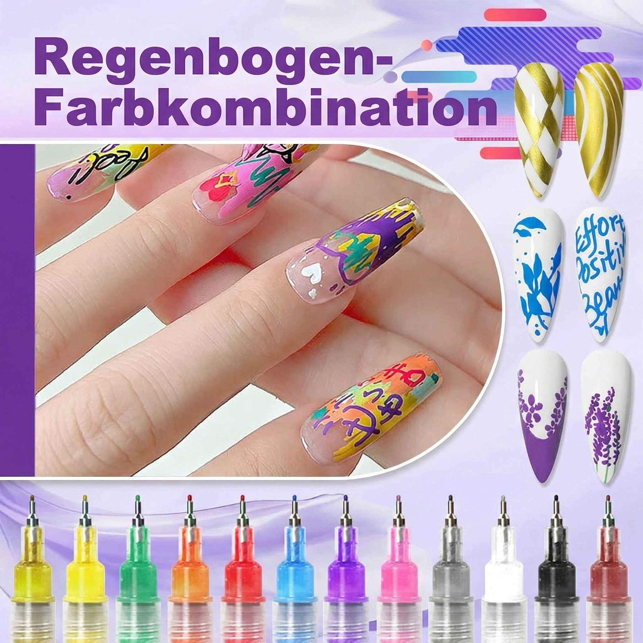 Xruiy Nageldesign Zubehör 12 Farben Nail Art Stifte Set, 0,5 mm Präzisionsspitze für feine Linien – Nail Art Pens für DIY Maniküre und kreatives Nageldesign 12-tlg.