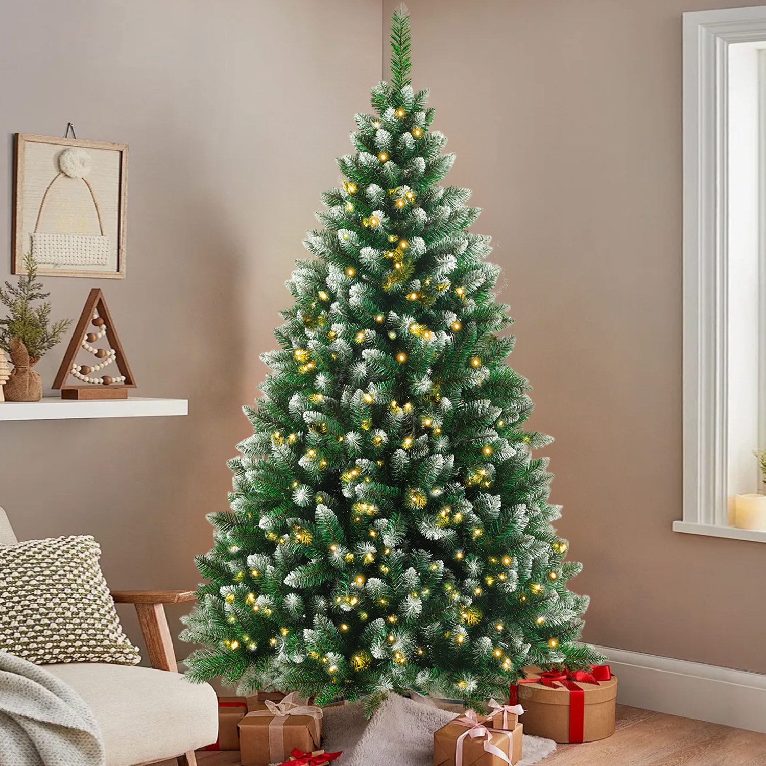 Vankel Künstlicher Weihnachtsbaum tannenbaum mit beleuchtung schmuck mit licht deko außen 180/210/235, Natürlicher Stil, echte Zweige, schwer entflammbar, leicht aufzubauen