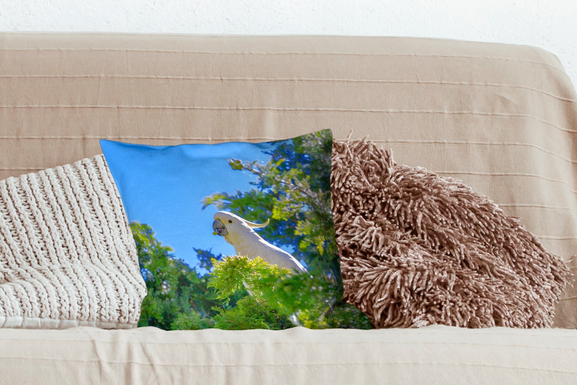 MuchoWow Dekokissen Weißer mit Schlafzimmer, einem in Füllung für Sofakissen Baum, grünen Zierkissen Deko, Kakadu Wohzimmer