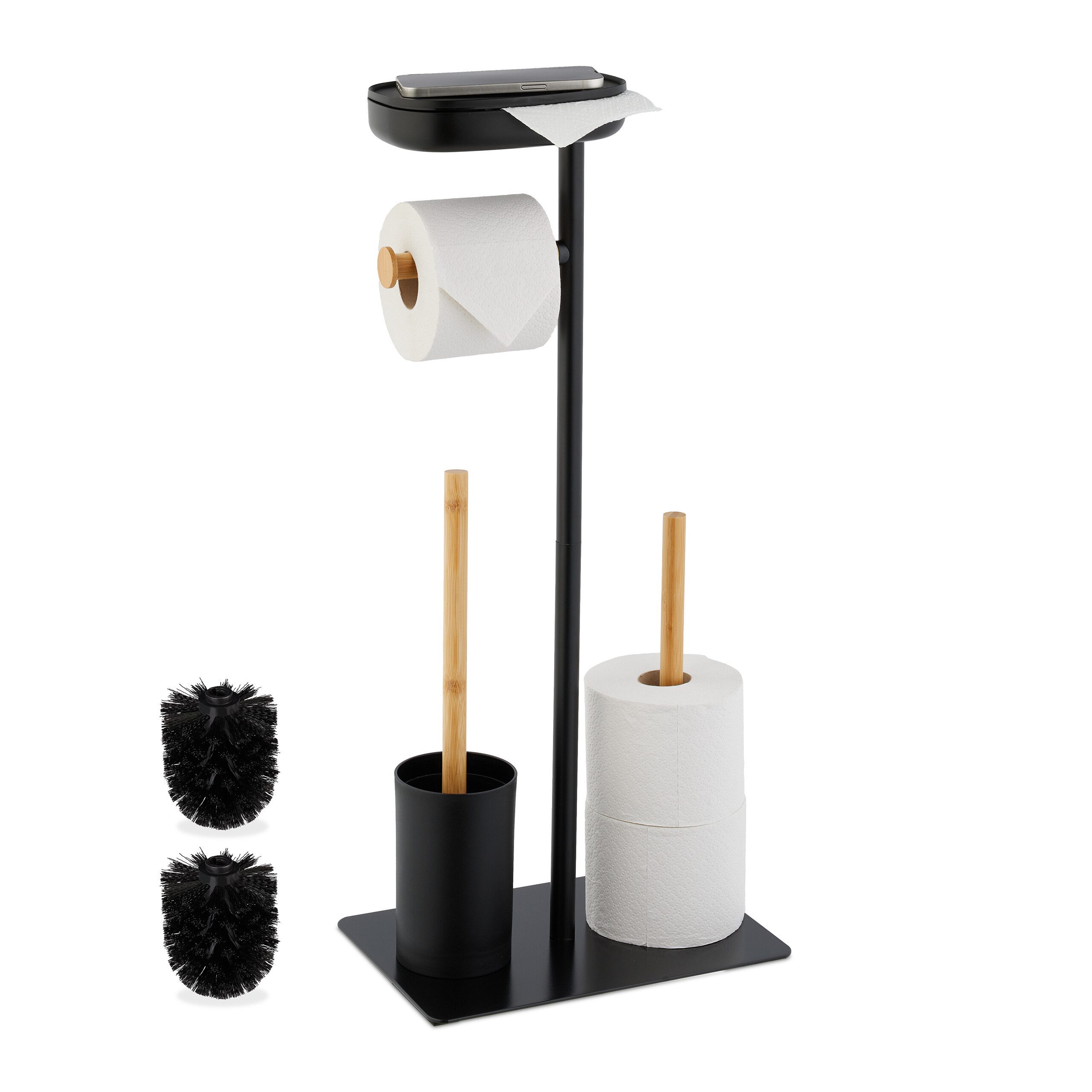 relaxdays WC-Garnitur Bambus & Eisen mit Ablage, Feuchttücher, Standard-Toilettenpapierrollen, Smartphone, (3-tlg)
