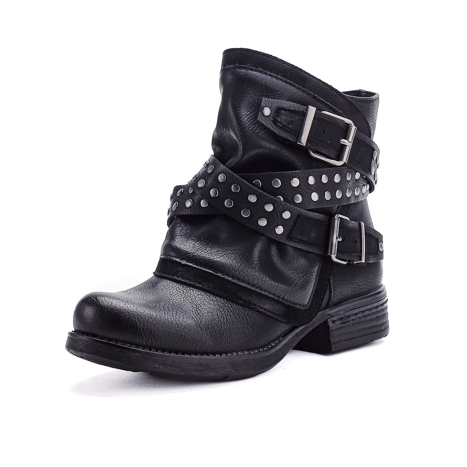 Pogolino ST012 Bikerboots Damen Biker Boots mit Nieten flach leicht gefüttert Stiefeletten