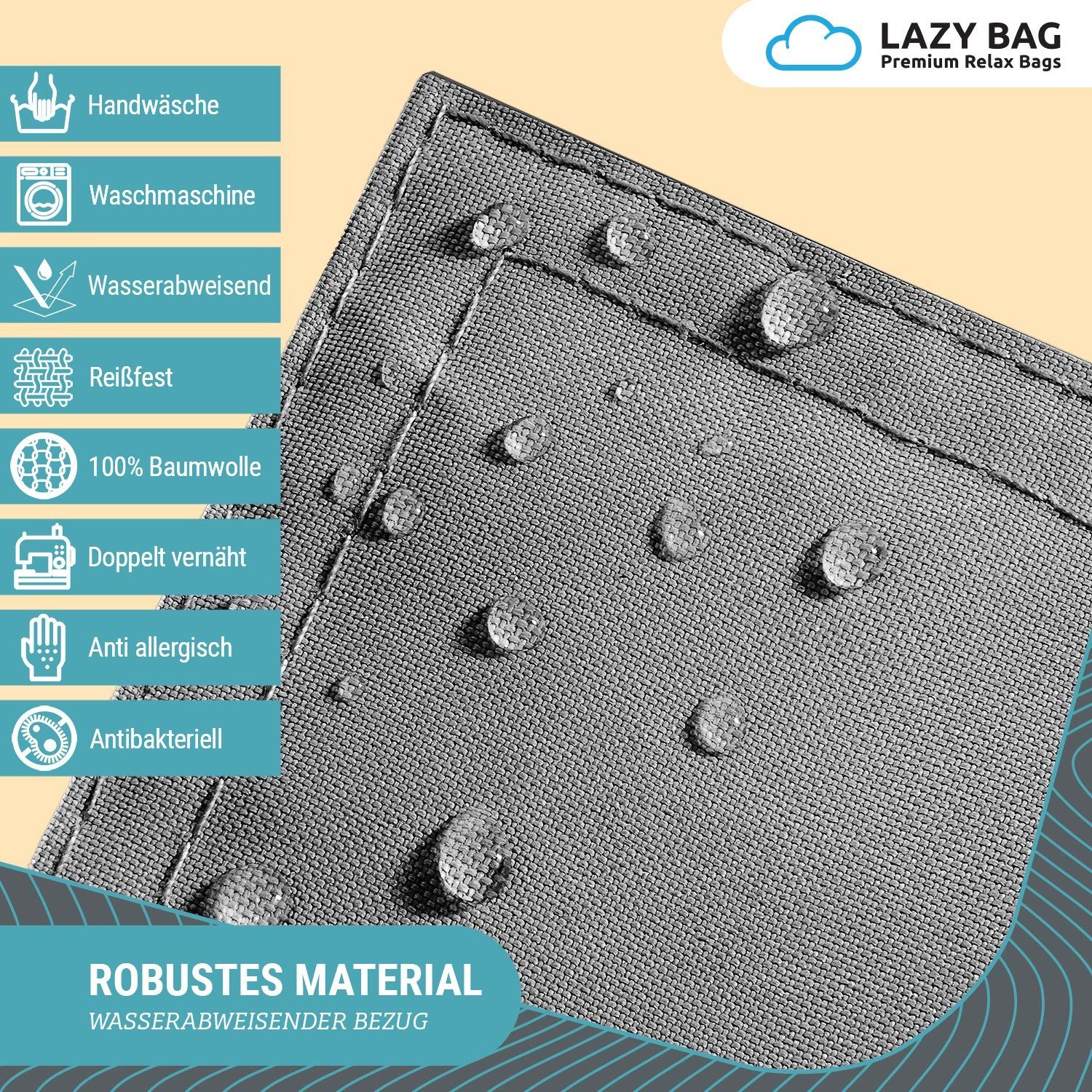 LazyBag Sitzsack Lazybag – XXL Nylon Sitzsack – Wasserfest, Innen und Außen,180x140 cm (Sitzkissen Bean-Bag, Nylon Bezug), 180 x 140 cm