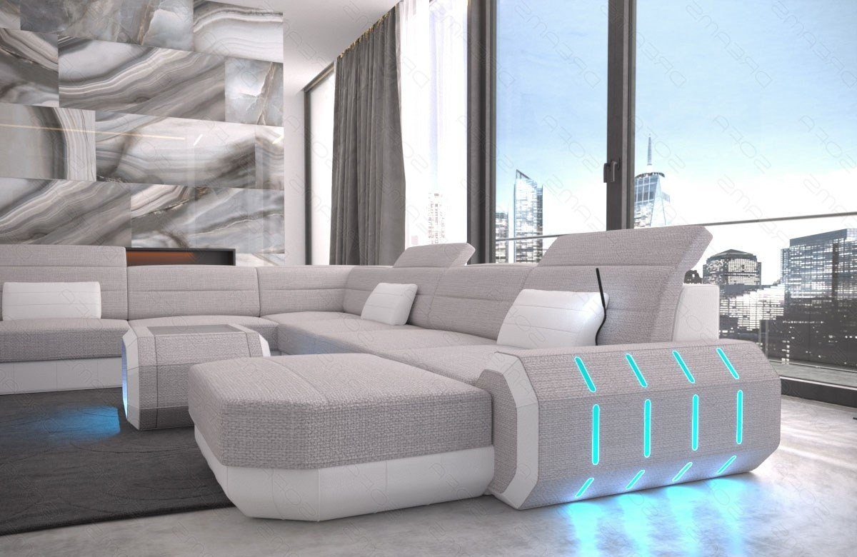 Couch Stoff Wohnlandschaft wahlweise Stoffsofa H Design XXL Strukturstoff Bettfunktion mit macchiato-weiß Sofa, Roma Sofa Polster Dreams